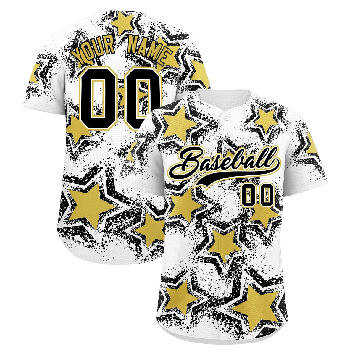 Custom White Black Old Gold Star Graffiti Team Baseball Jerseys With Custom Names, Numbers & Logos Stretch Fabric Baseball Jersey| KXKSHOP