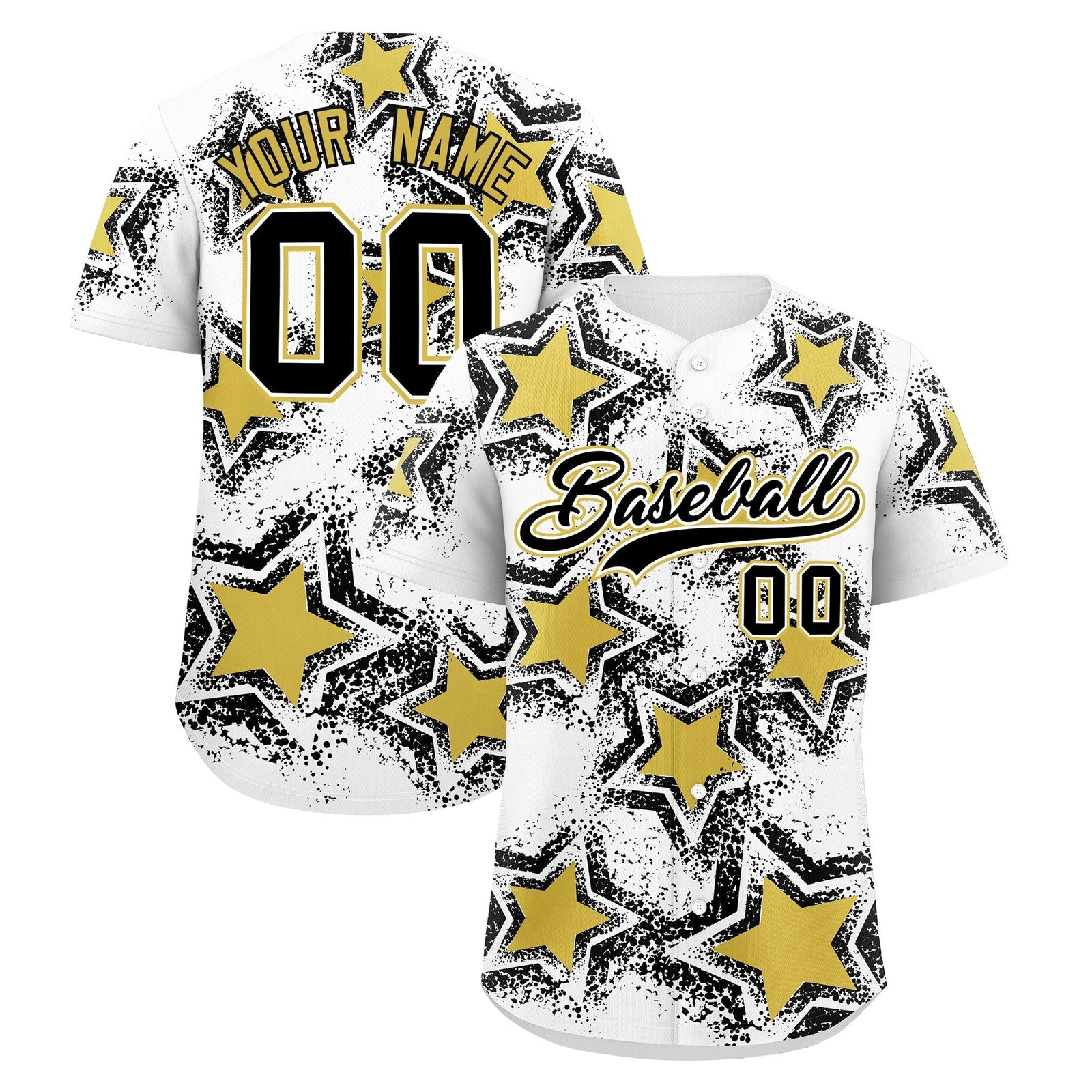 Custom White Black Old Gold Star Graffiti Team Baseball Jerseys With Custom Names, Numbers & Logos Stretch Fabric Baseball Jersey| KXKSHOP