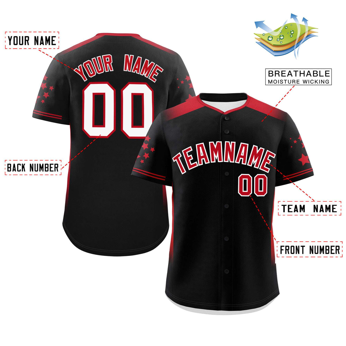 Custom Black Red Gradient Side Personalized Star Pattern Authentic Baseball Jersey