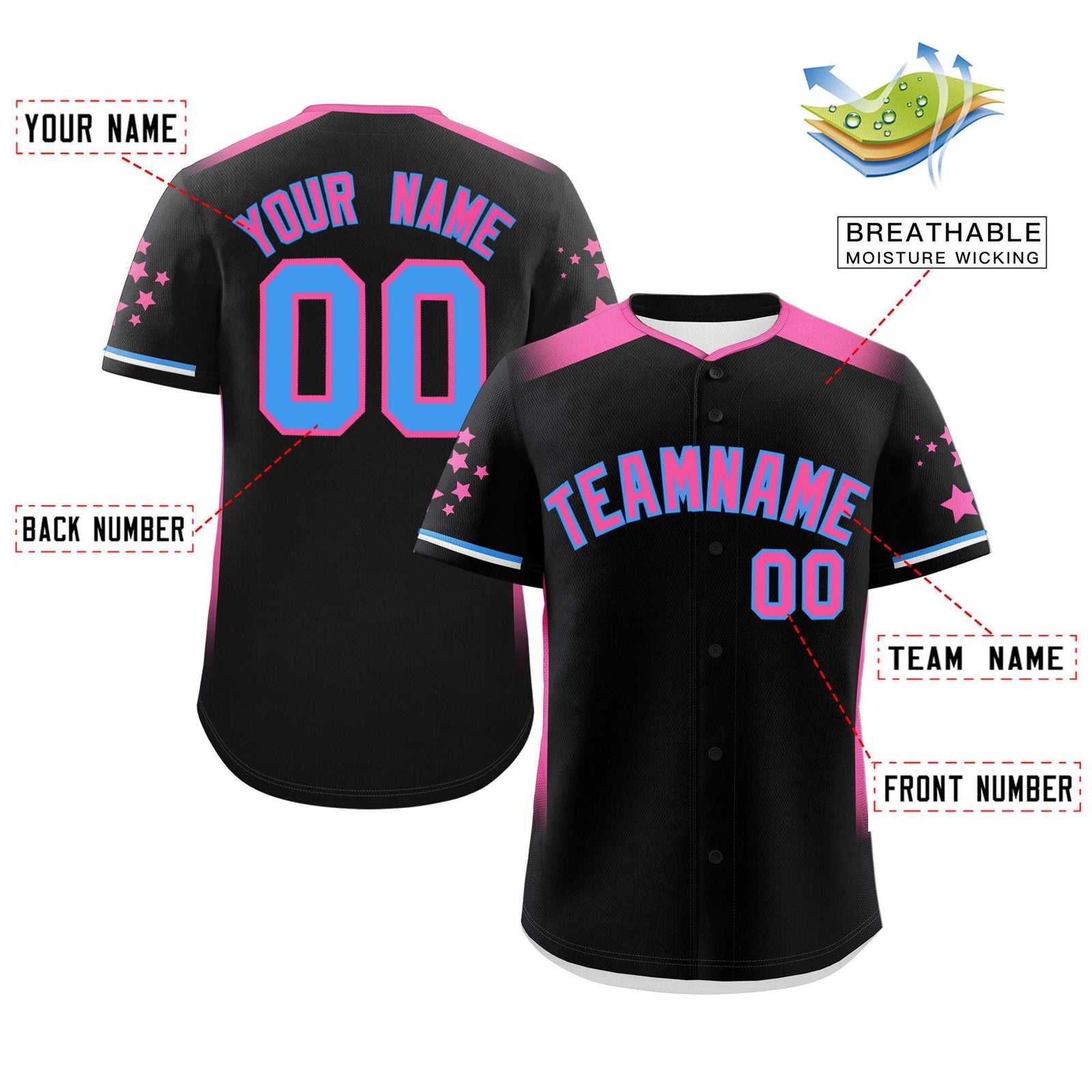 Custom Black Pink Gradient Side Personalized Star Pattern Authentic Baseball Jersey