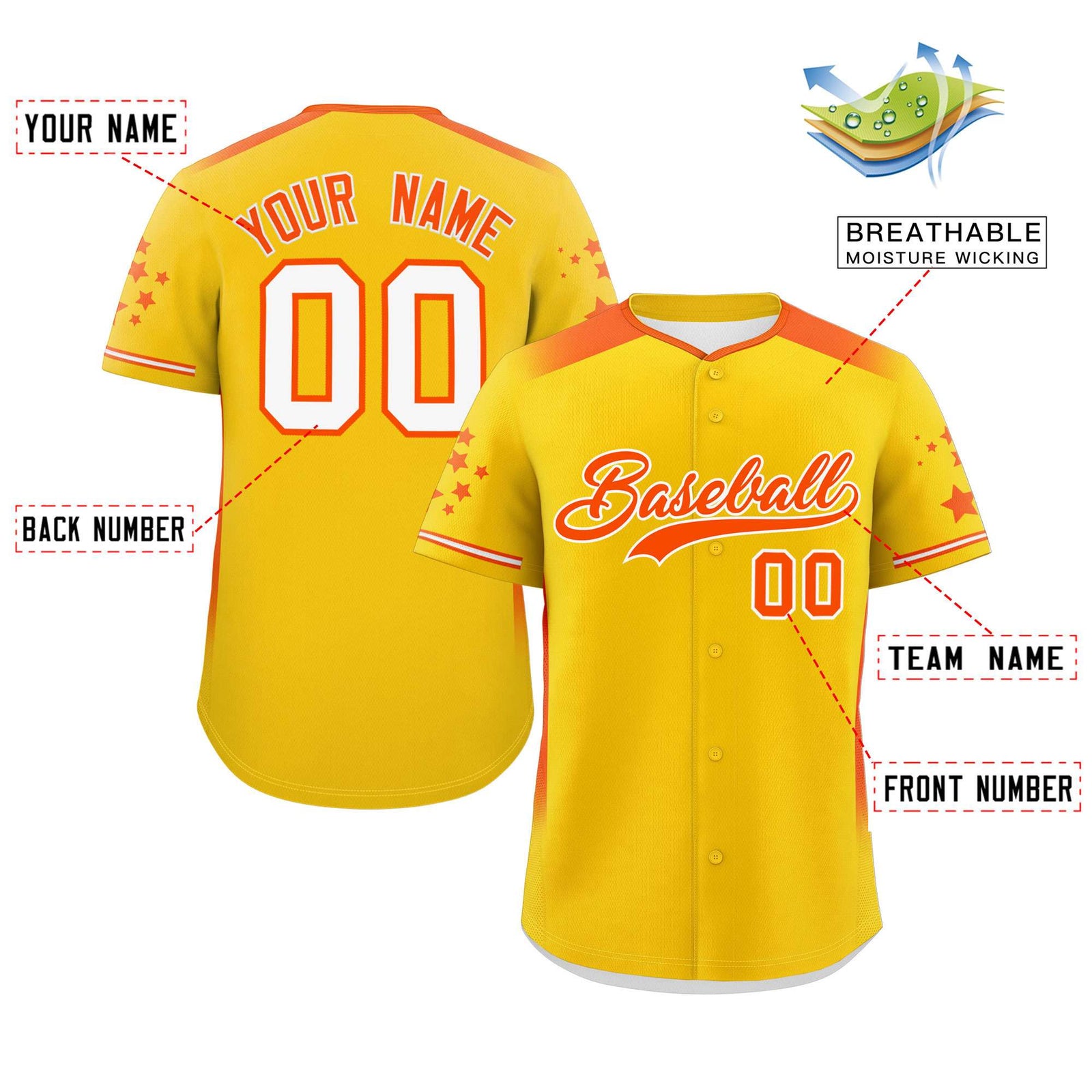 Custom Gold Orange Gradient Side Personalized Star Pattern Authentic Baseball Jersey