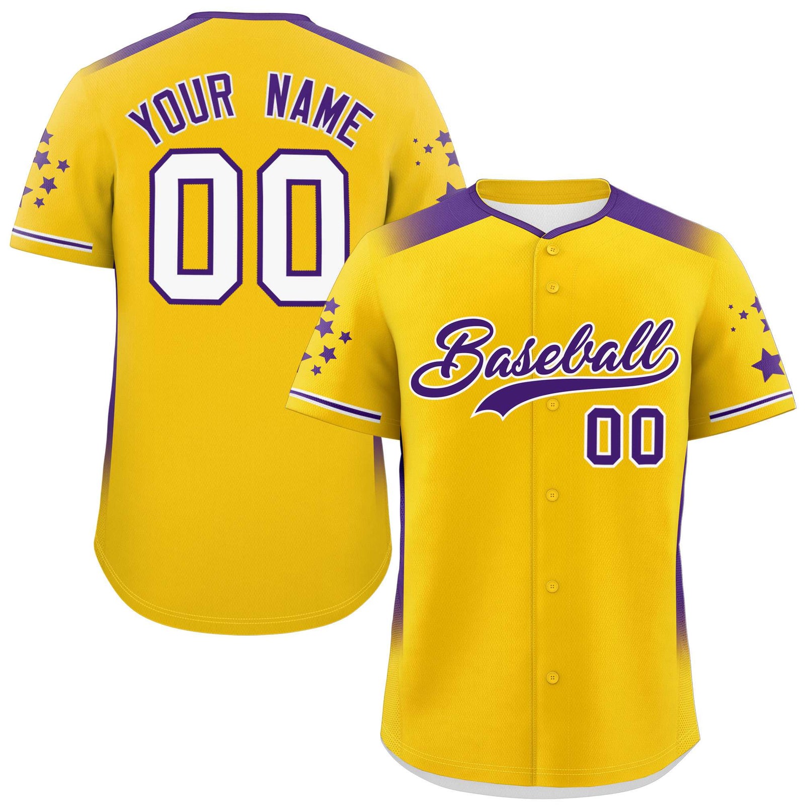 Custom Gold Purple Gradient Side Personalized Star Pattern Authentic Baseball Jersey