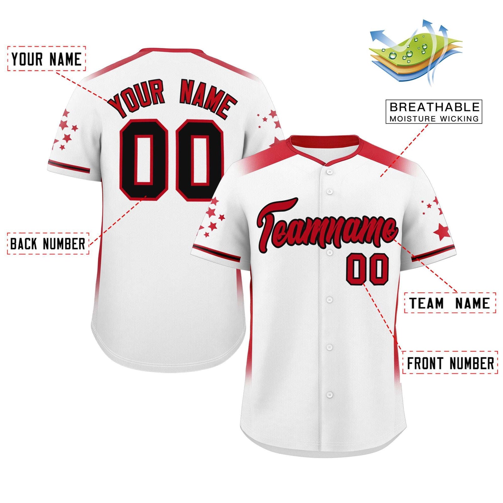 Custom White Red Gradient Side Personalized Star Pattern Authentic Baseball Jersey