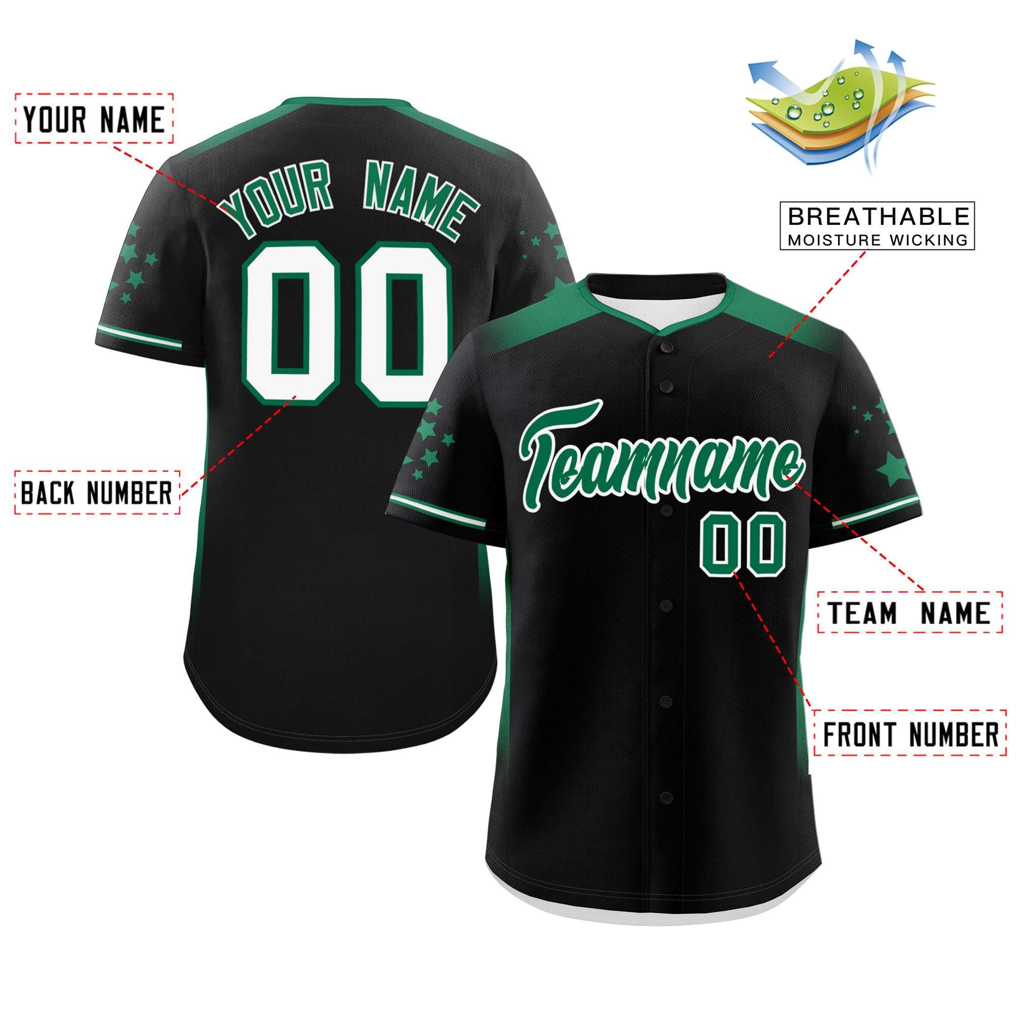 Custom Black Kelly Green Gradient Side Personalized Star Pattern Authentic Baseball Jersey