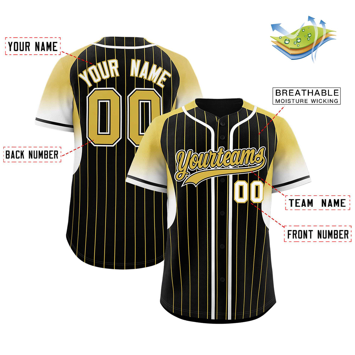 Custom Black Old Gold Stripe Fashion Sleeves Gradient Authentic Baseball Jersey