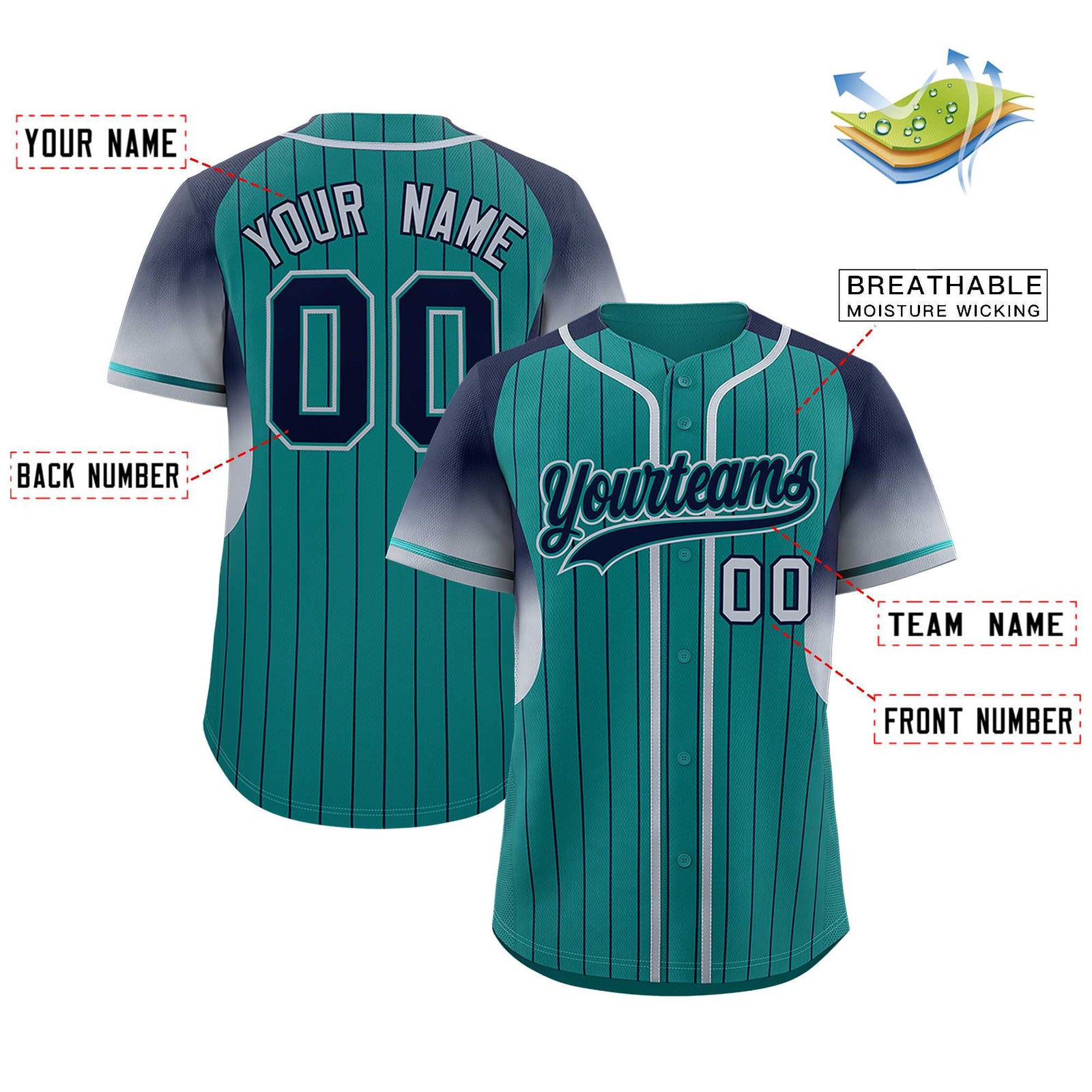 Custom Aqua Navy Stripe Fashion Sleeves Gradient Authentic Baseball Jersey