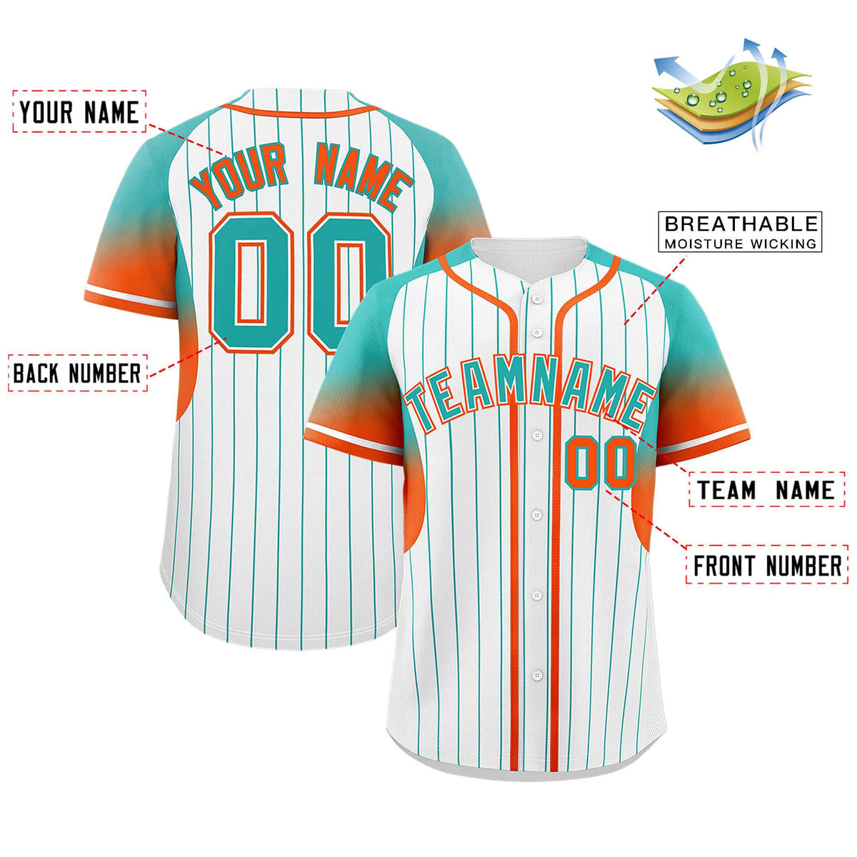 Custom White Aqua Stripe Fashion Sleeves Gradient Authentic Baseball Jersey