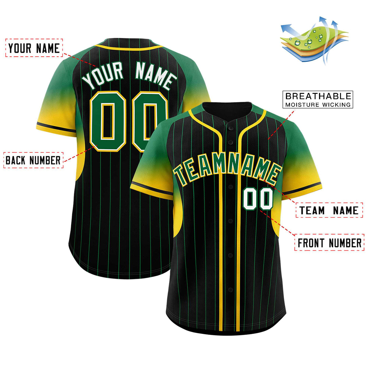 Custom Black Kelly Green Stripe Fashion Sleeves Gradient Authentic Baseball Jersey
