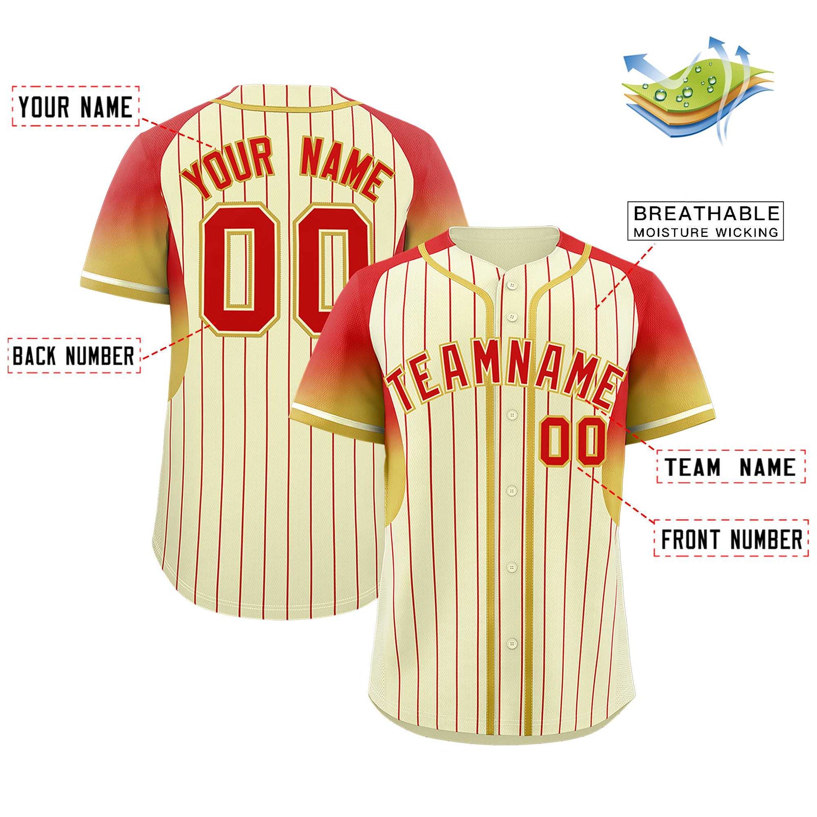 Custom Cream Red Stripe Fashion Sleeves Gradient Authentic Baseball Jersey