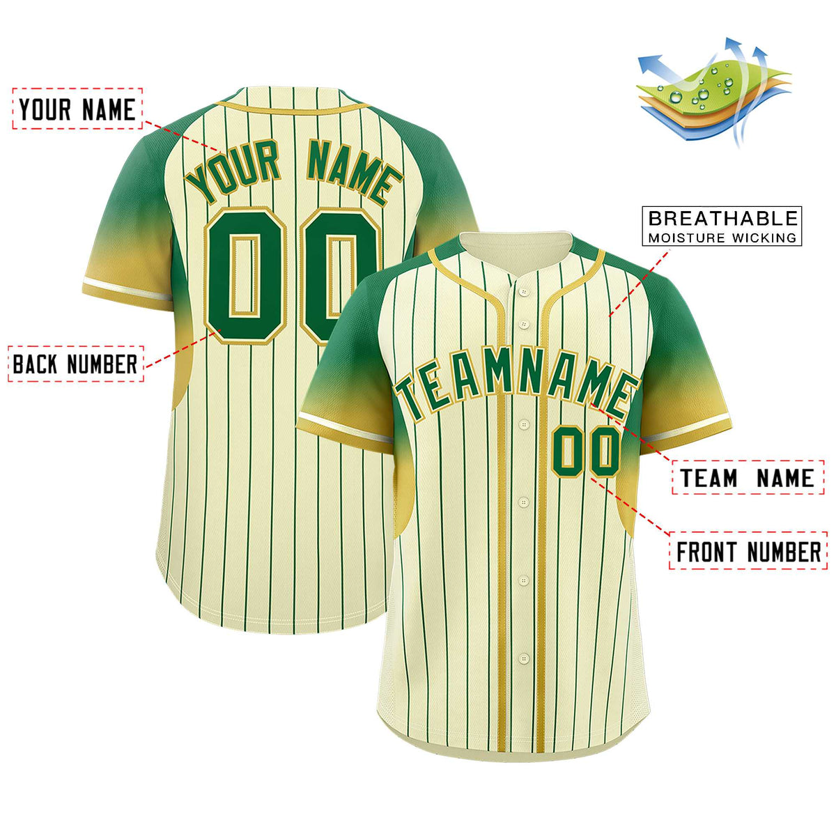 Custom Cream Kelly Green Stripe Fashion Sleeves Gradient Authentic Baseball Jersey