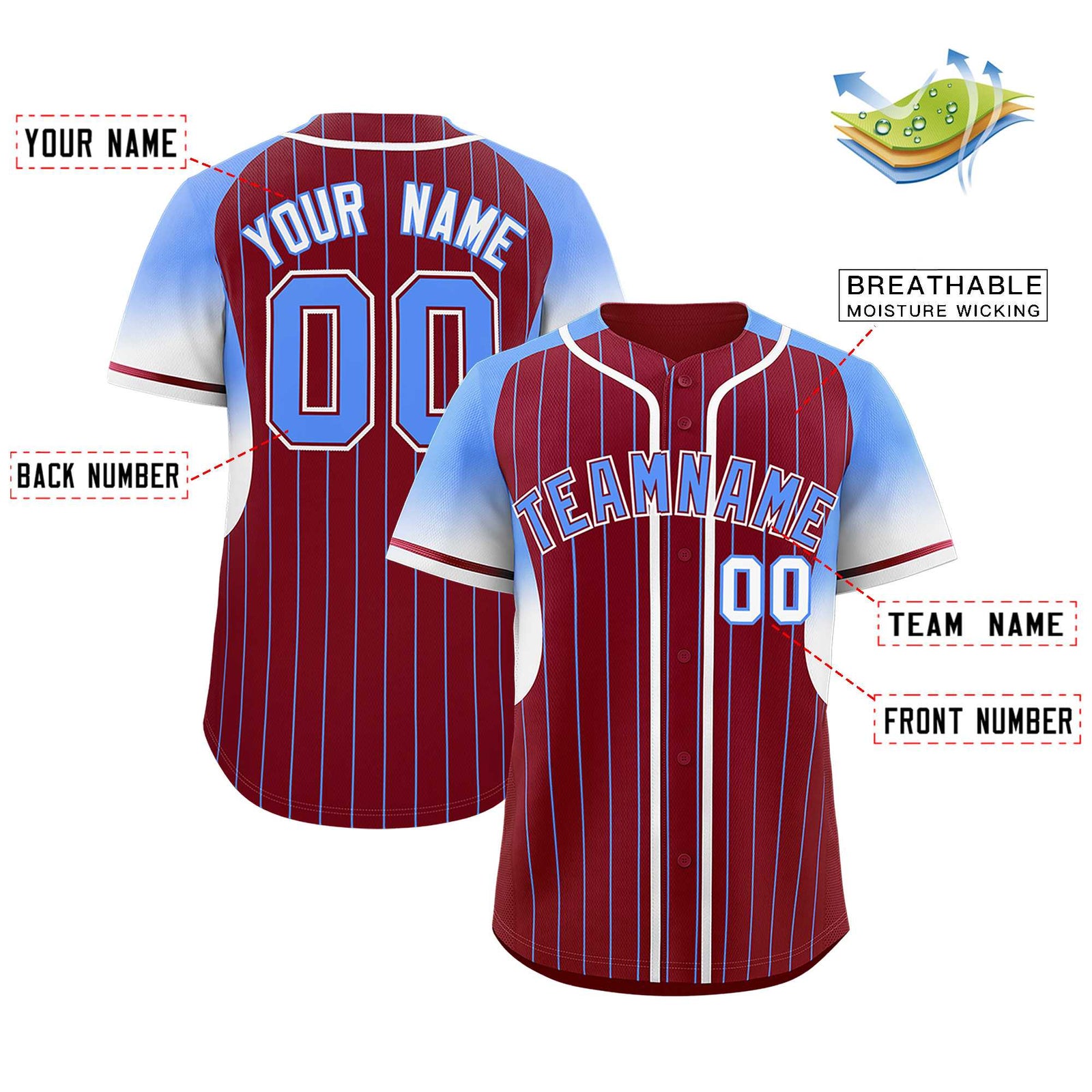 Custom Crimson Powder Blue Stripe Fashion Sleeves Gradient Authentic Baseball Jersey