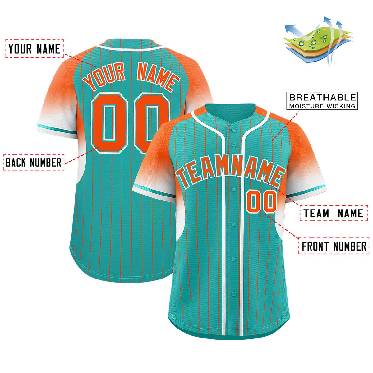 Custom Aqua Orange Stripe Fashion Sleeves Gradient Authentic Baseball Jersey