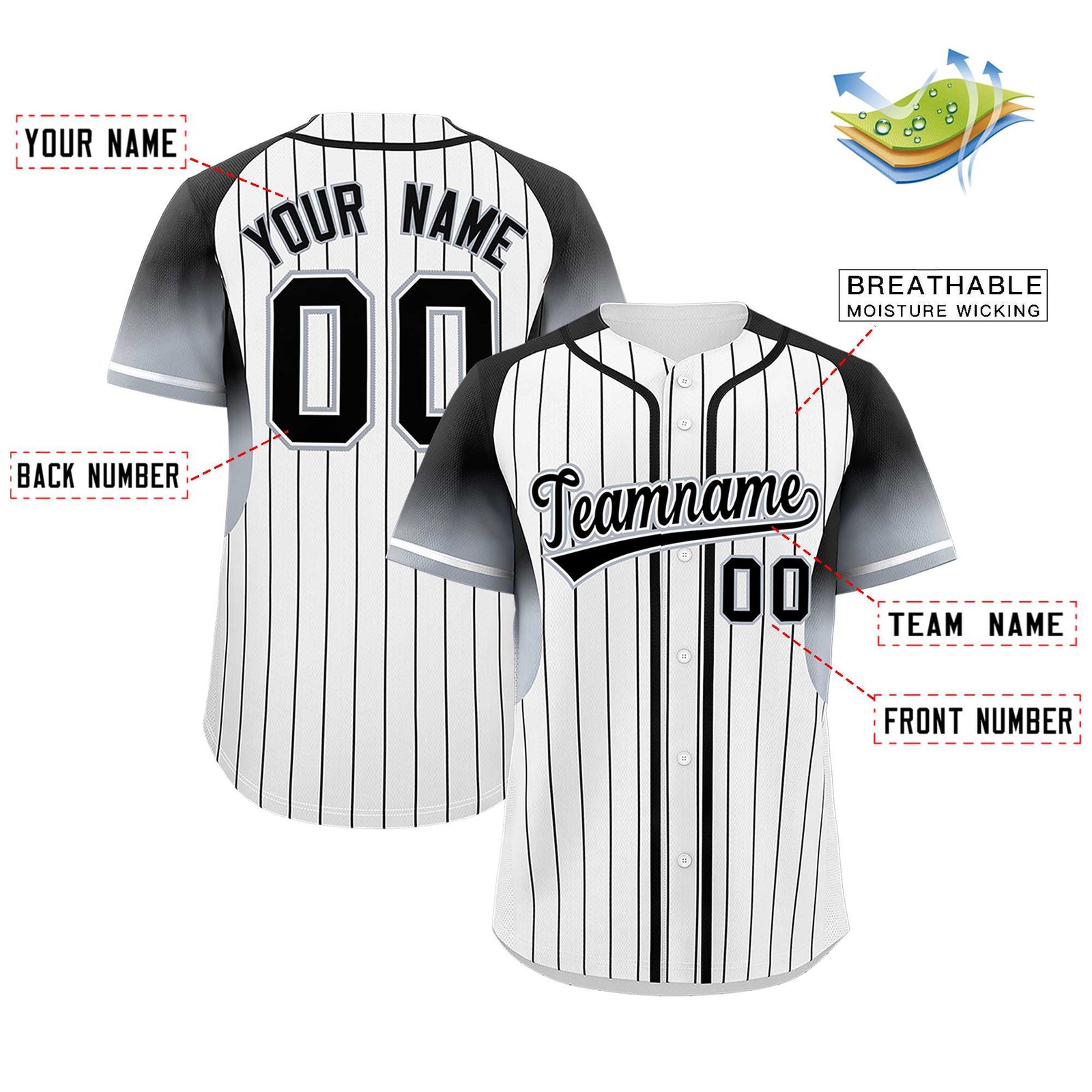 Custom White Black Stripe Fashion Sleeves Gradient Authentic Baseball Jersey