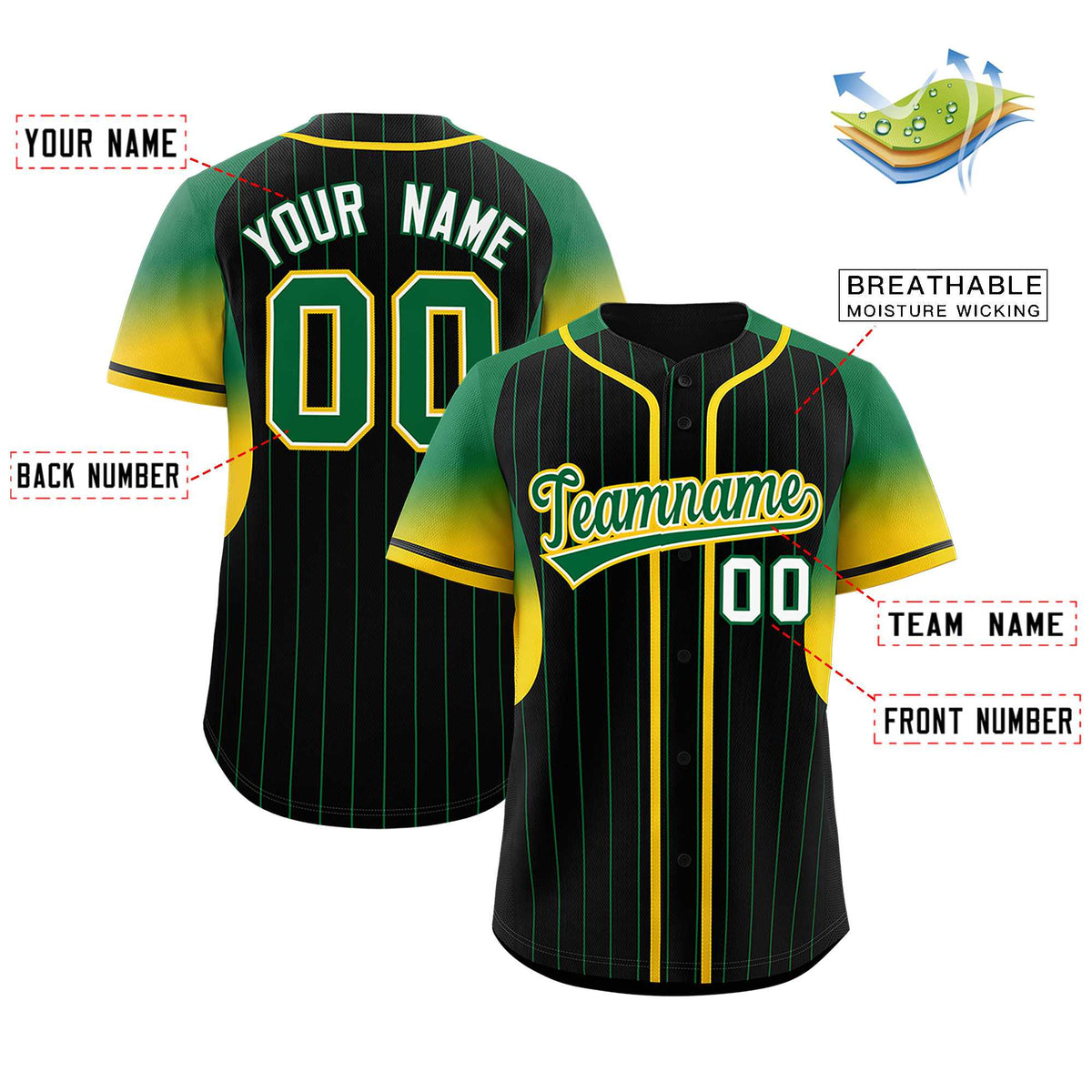 Custom Black Kelly Green Stripe Fashion Sleeves Gradient Authentic Baseball Jersey