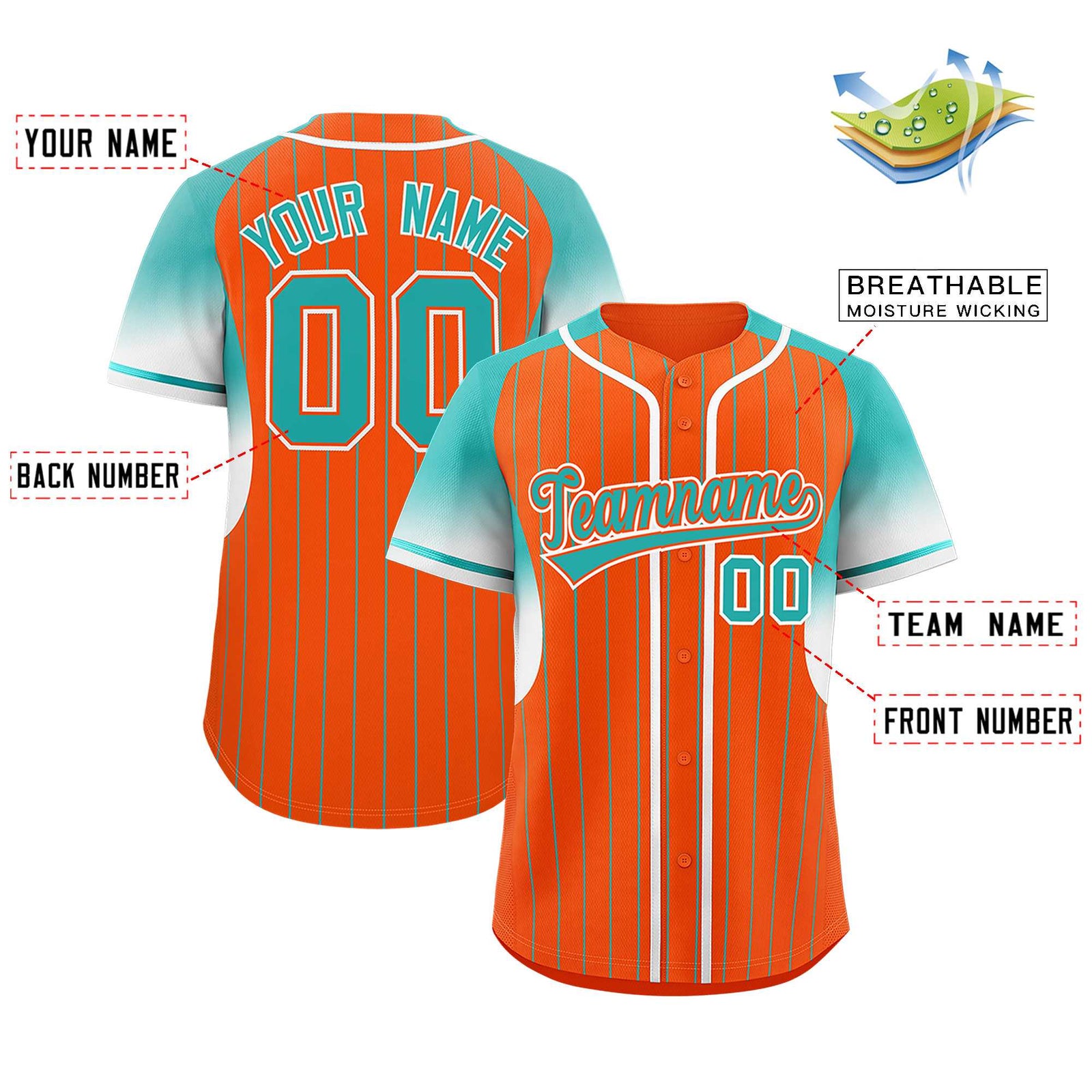 Custom Orange Aqua Stripe Fashion Sleeves Gradient Authentic Baseball Jersey