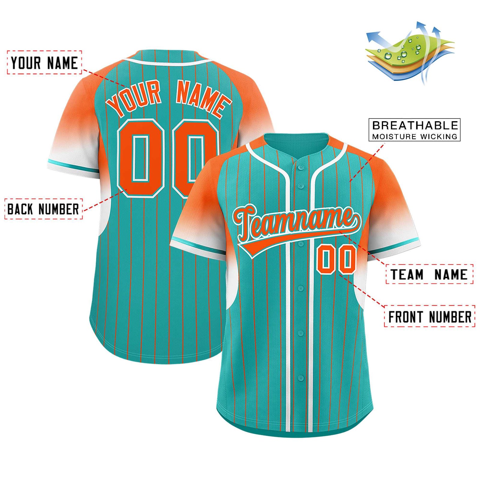 Custom Aqua Orange Stripe Fashion Sleeves Gradient Authentic Baseball Jersey