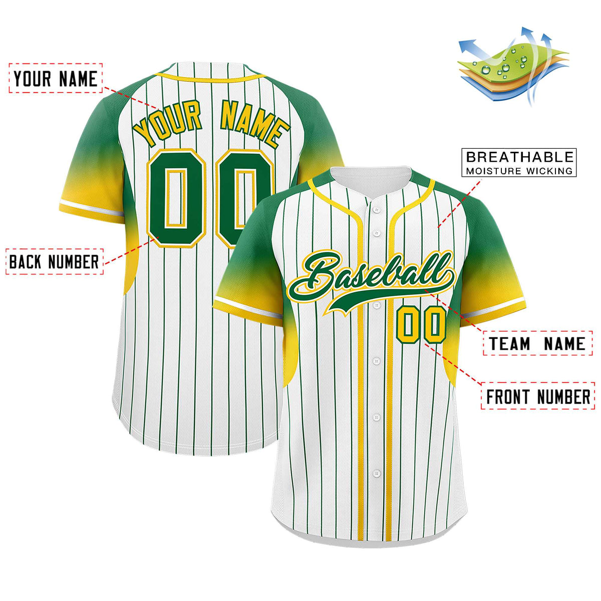 Custom White Kelly Green Stripe Fashion Sleeves Gradient Authentic Baseball Jersey
