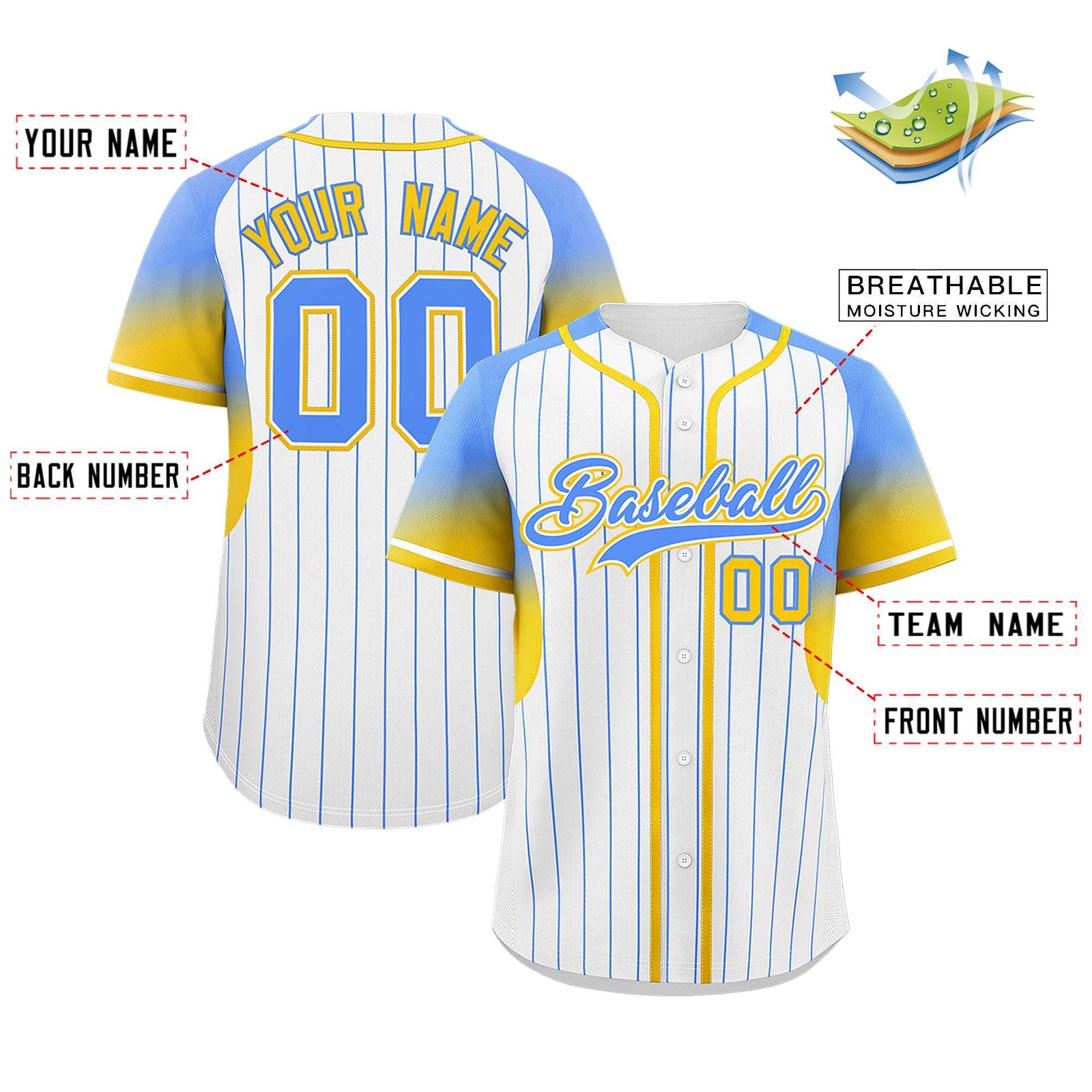 Custom White Powder Blue Stripe Fashion Sleeves Gradient Authentic Baseball Jersey