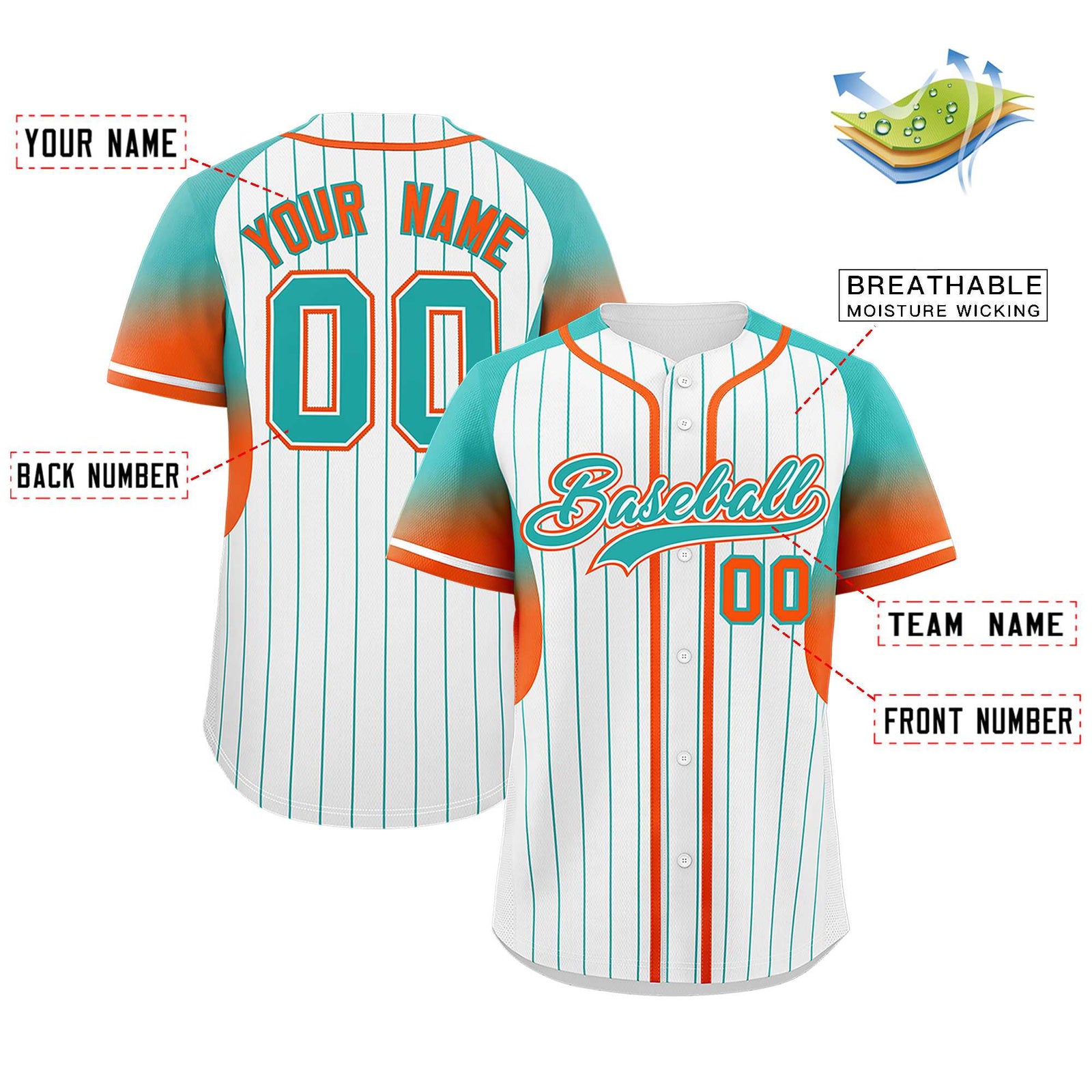 Custom White Aqua Stripe Fashion Sleeves Gradient Authentic Baseball Jersey