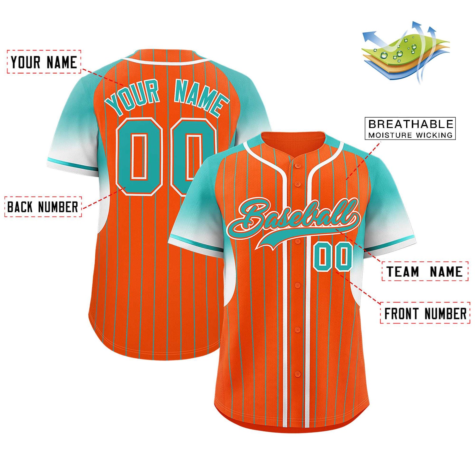 Custom Orange Aqua Stripe Fashion Sleeves Gradient Authentic Baseball Jersey