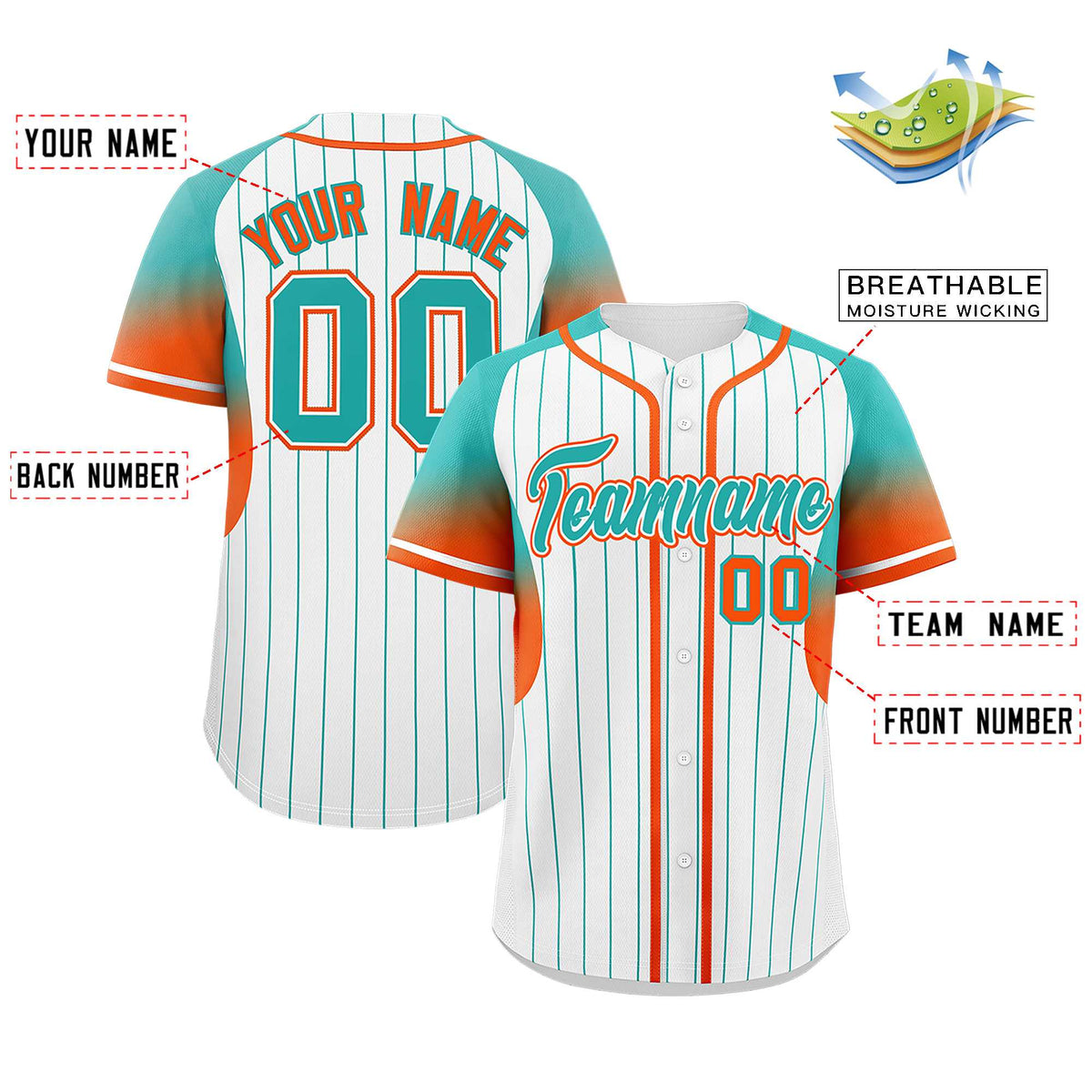 Custom White Aqua Stripe Fashion Sleeves Gradient Authentic Baseball Jersey