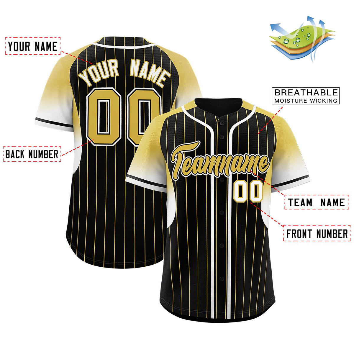 Custom Black Old Gold Stripe Fashion Sleeves Gradient Authentic Baseball Jersey