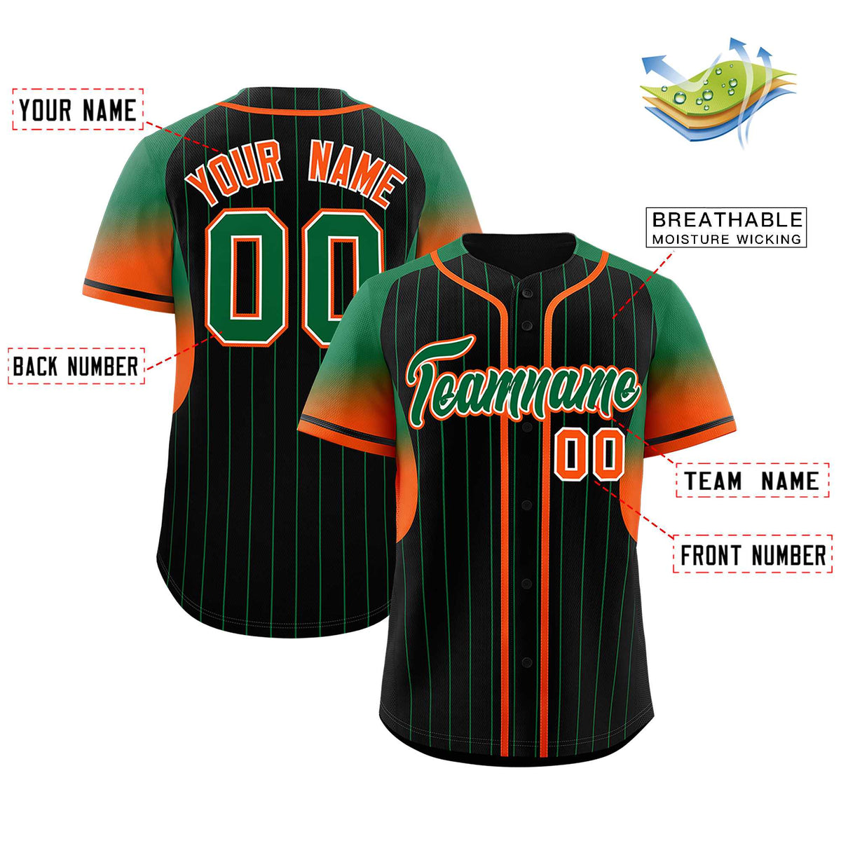 Custom Black Kelly Green Stripe Fashion Sleeves Gradient Authentic Baseball Jersey