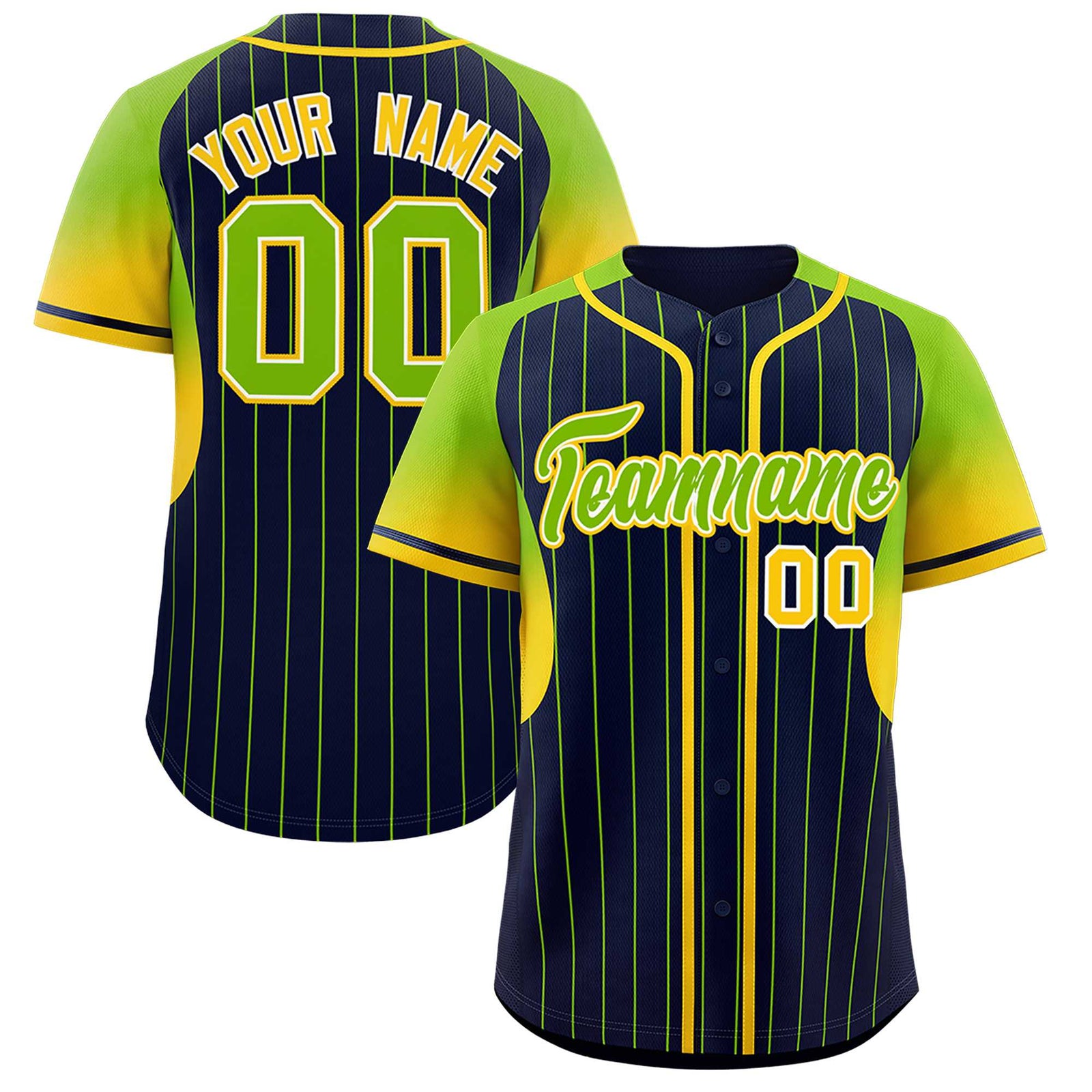 Custom Navy Neon Green Stripe Fashion Sleeves Gradient Authentic Baseball Jersey