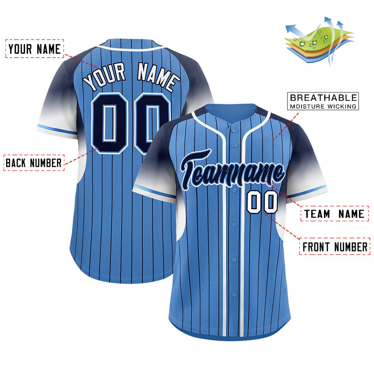 Custom Light Blue Navy Stripe Fashion Sleeves Gradient Authentic Baseball Jersey