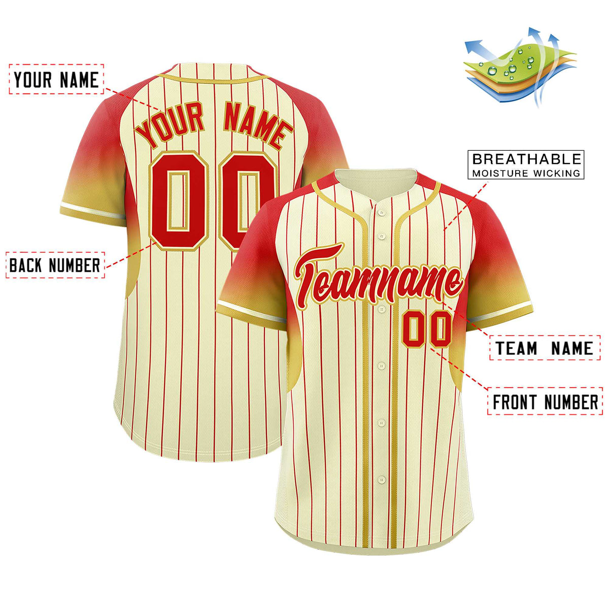 Custom Cream Red Stripe Fashion Sleeves Gradient Authentic Baseball Jersey
