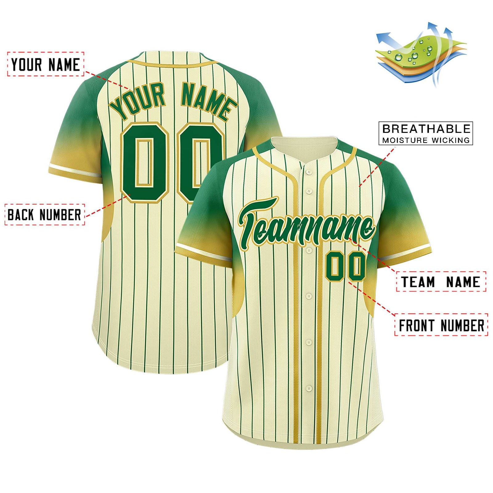 Custom Cream Kelly Green Stripe Fashion Sleeves Gradient Authentic Baseball Jersey