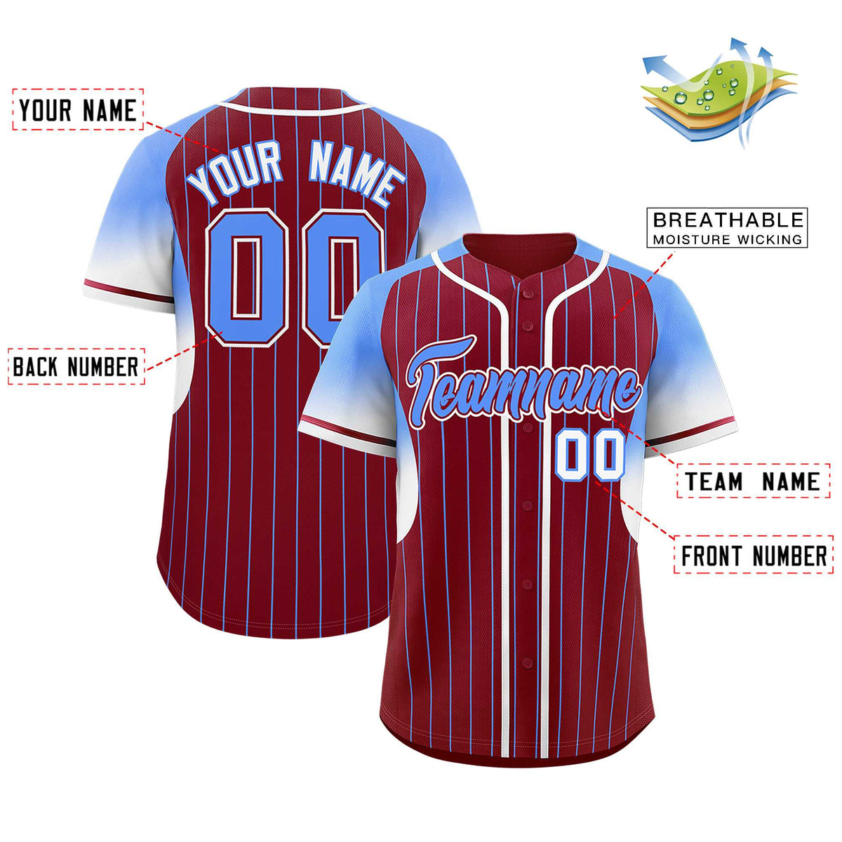 Custom Crimson Powder Blue Stripe Fashion Sleeves Gradient Authentic Baseball Jersey