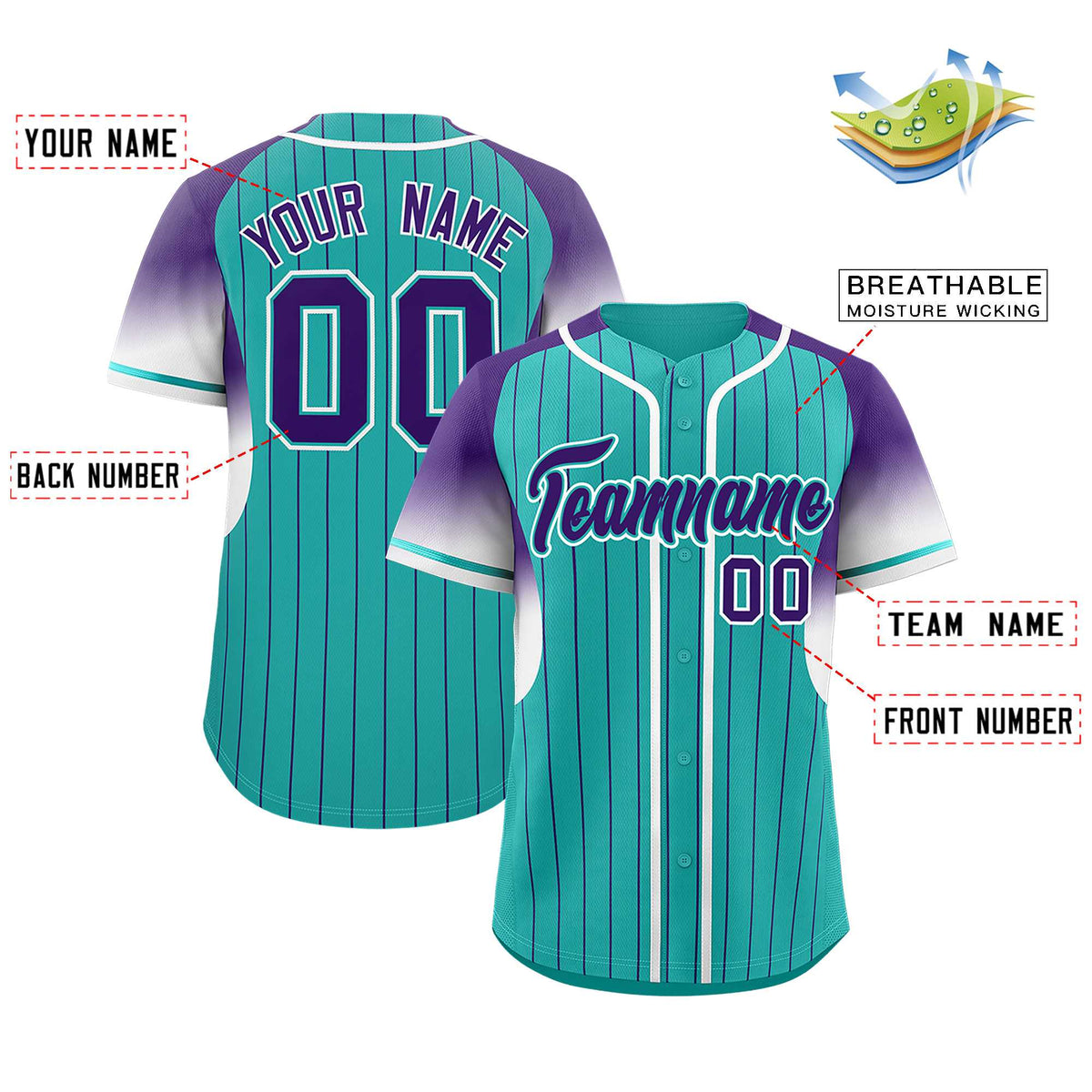 Custom Aqua Purple Stripe Fashion Sleeves Gradient Authentic Baseball Jersey