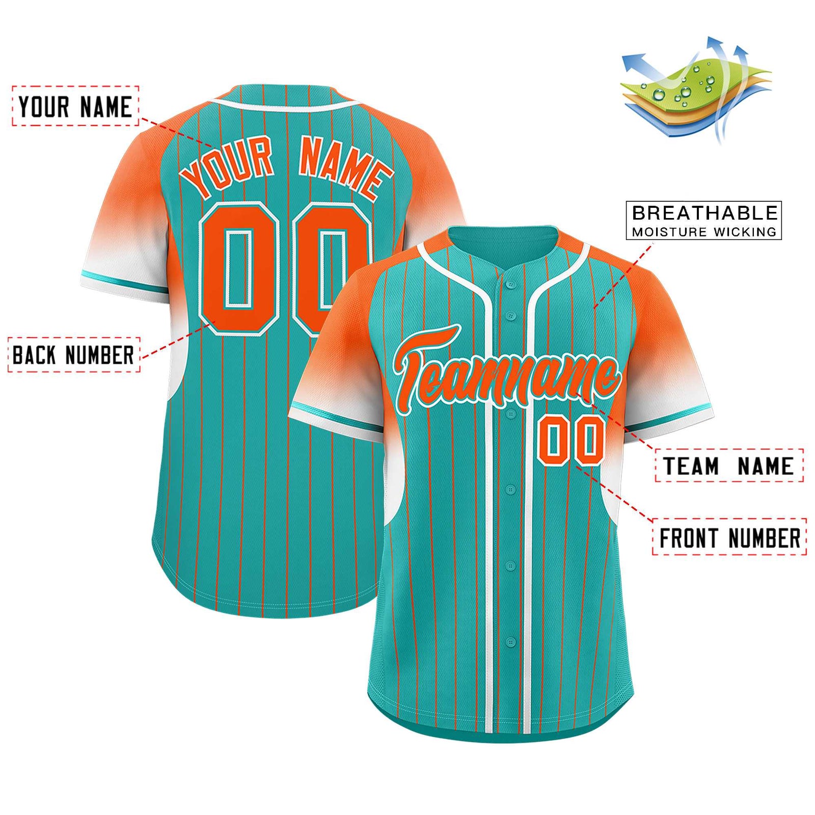Custom Aqua Orange Stripe Fashion Sleeves Gradient Authentic Baseball Jersey