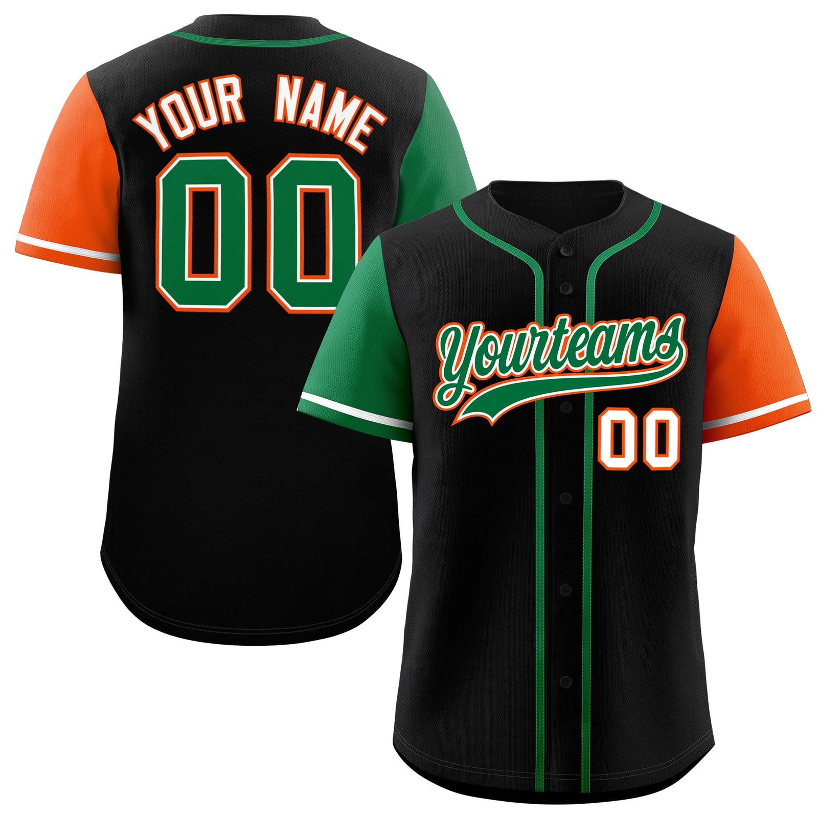 Custom Black Kelly Green and Orange Raglan Sleeves Authentic Baseball Jersey