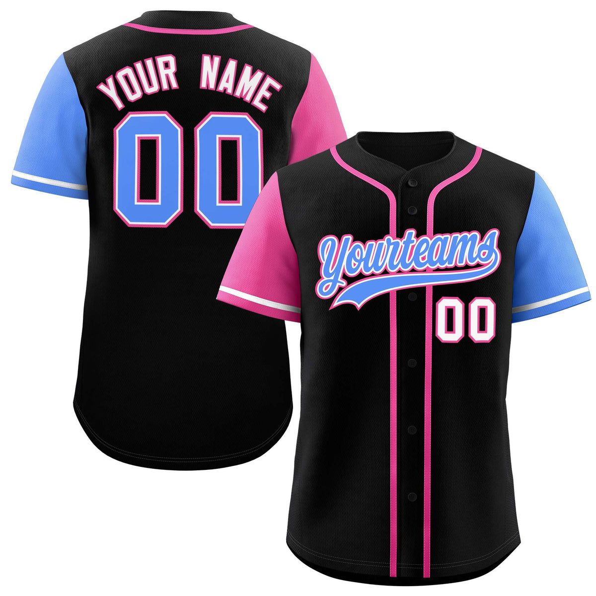 Custom Black Pink and Powder Blue Raglan Sleeves Authentic Baseball Jersey