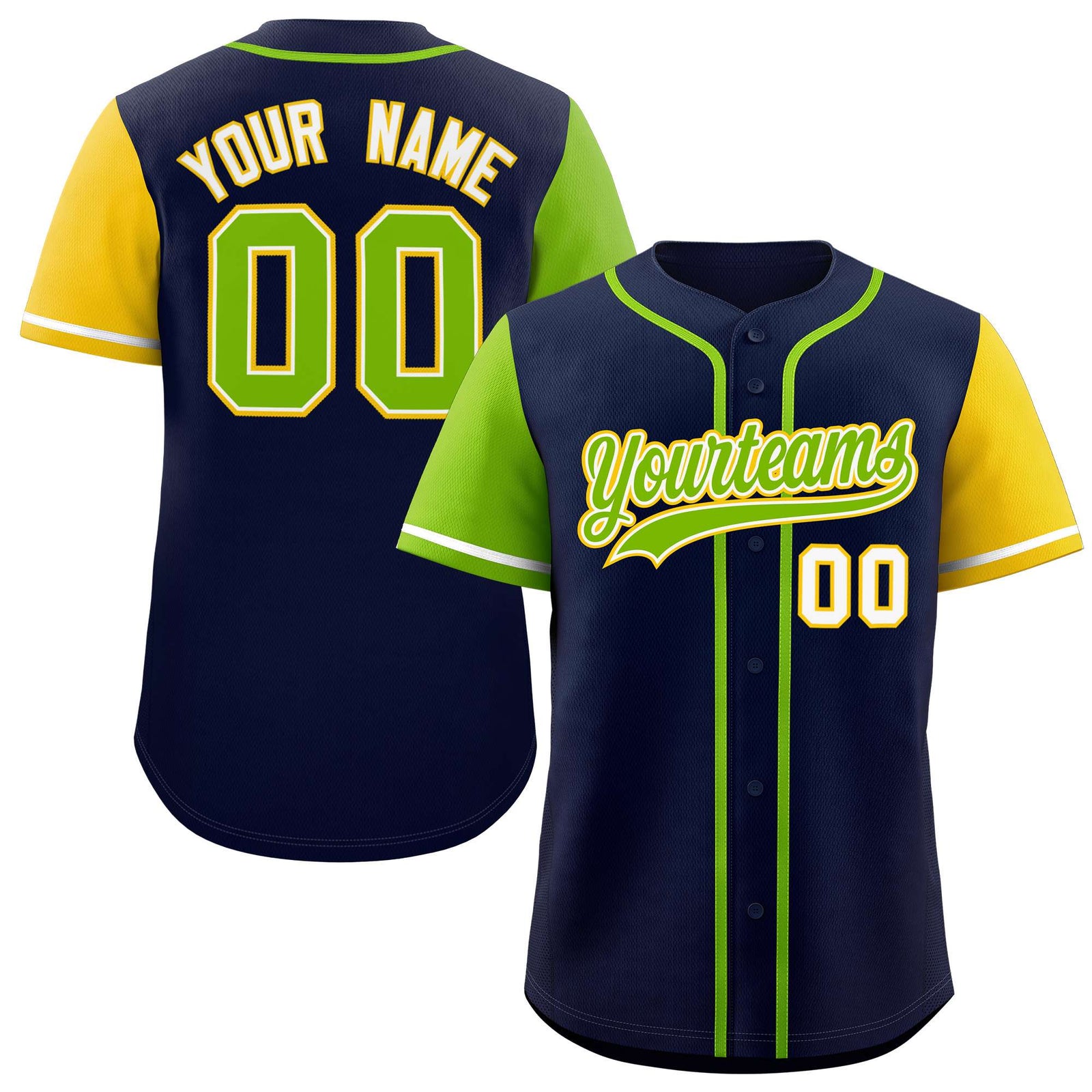 Custom Navy Neon Green and Gold Raglan Sleeves Authentic Baseball Jersey
