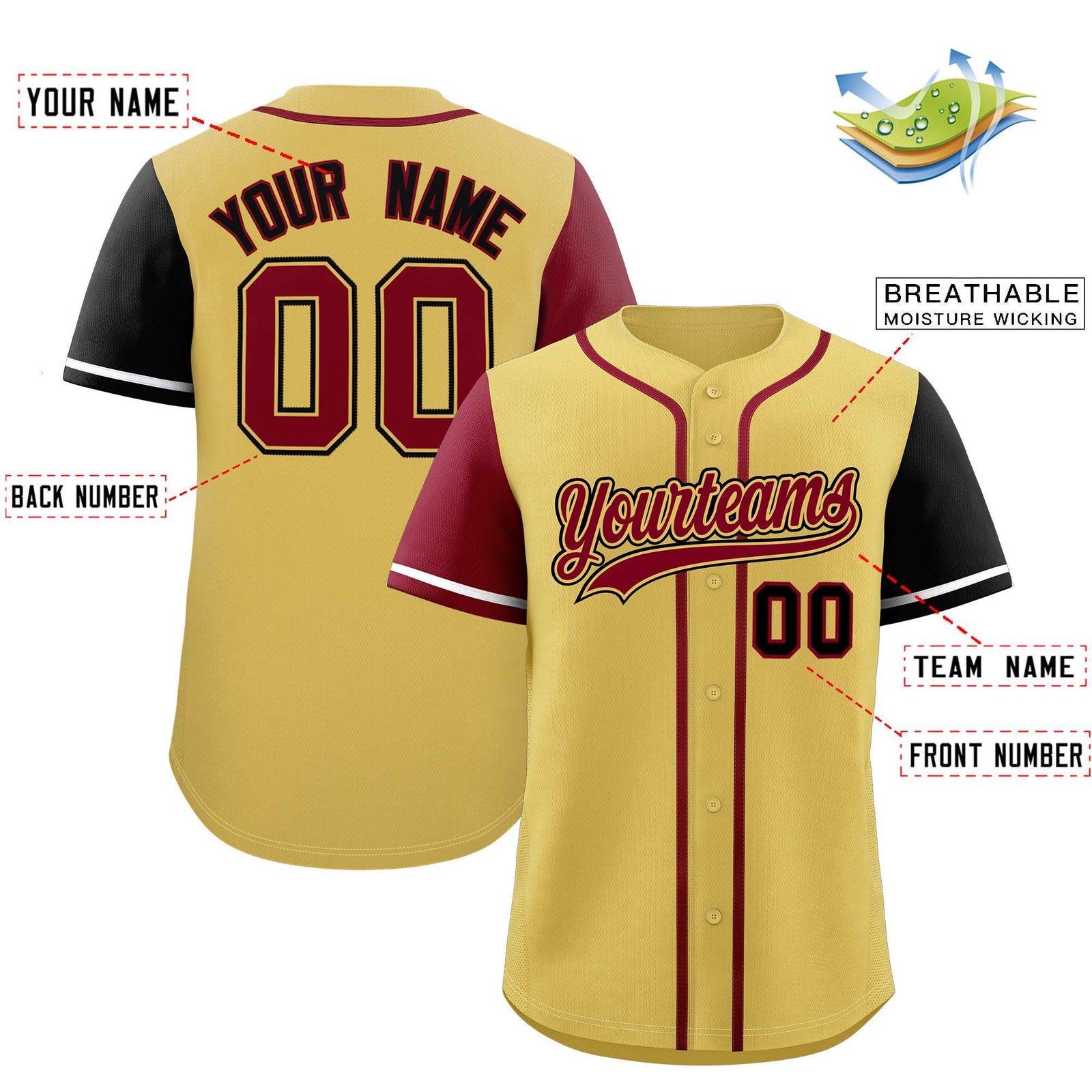 Custom Khaki Crimson and Black Raglan Sleeves Authentic Baseball Jersey
