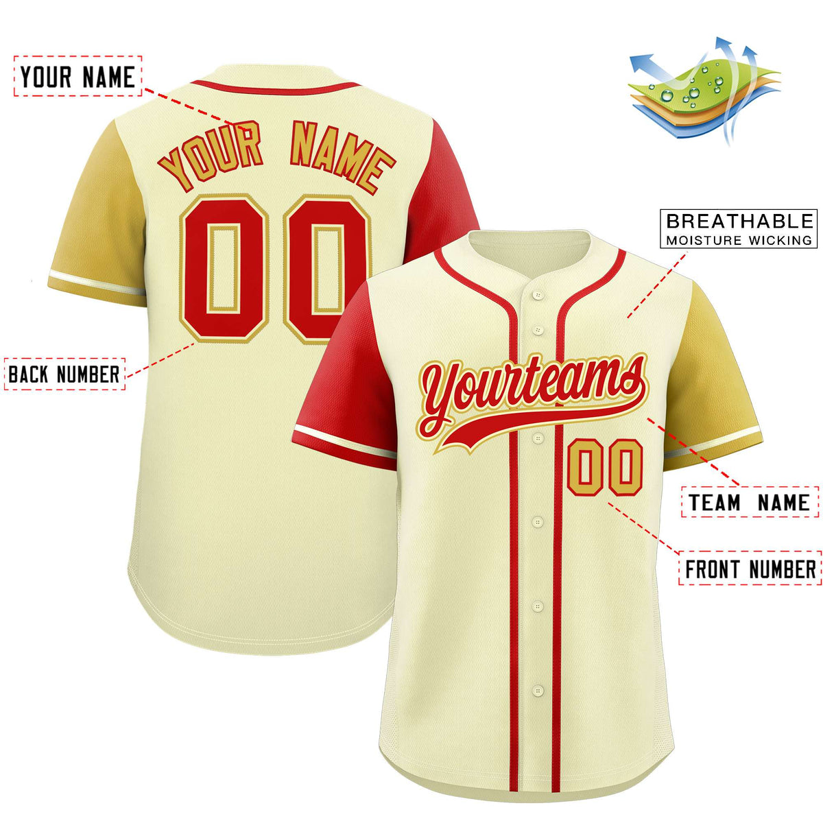 Custom Cream Red and Old Gold Raglan Sleeves Authentic Baseball Jersey