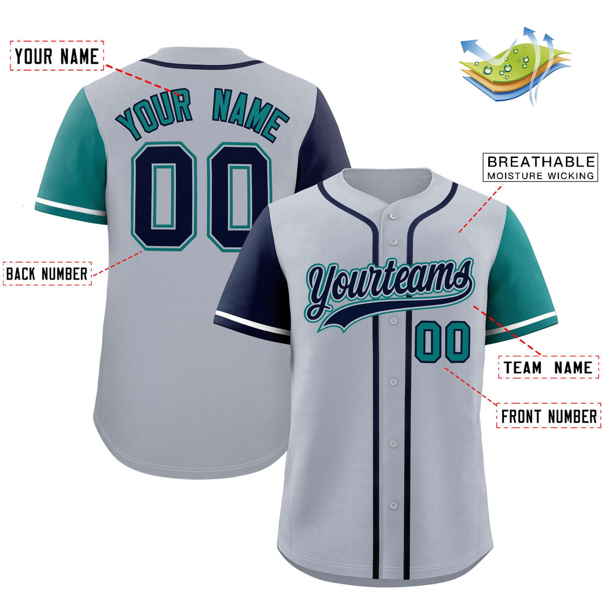 Custom Silver Navy and Aqua Raglan Sleeves Authentic Baseball Jersey