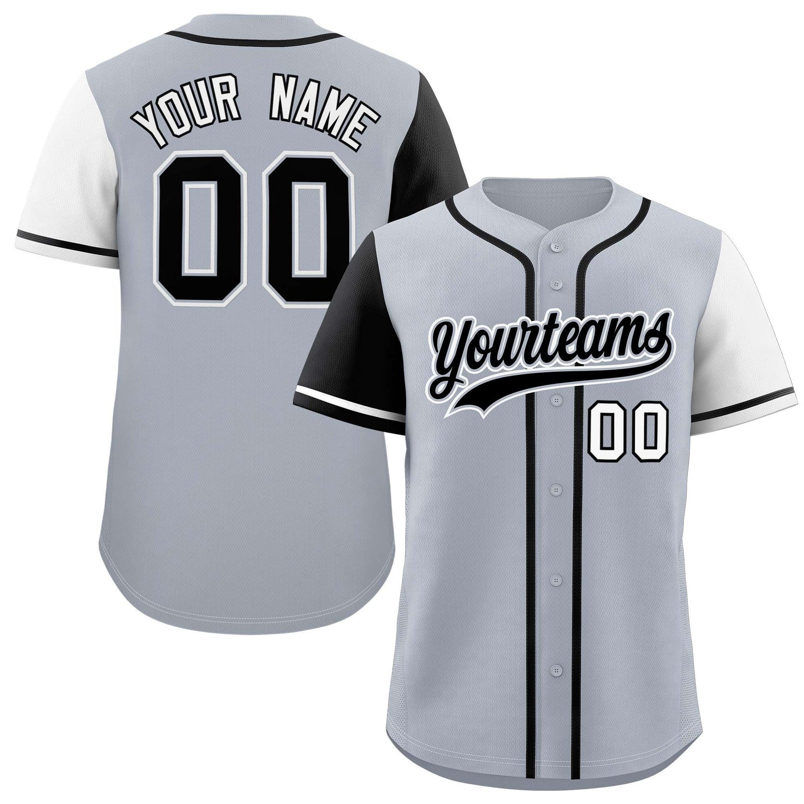 Custom Silver Black and White Raglan Sleeves Authentic Baseball Jersey