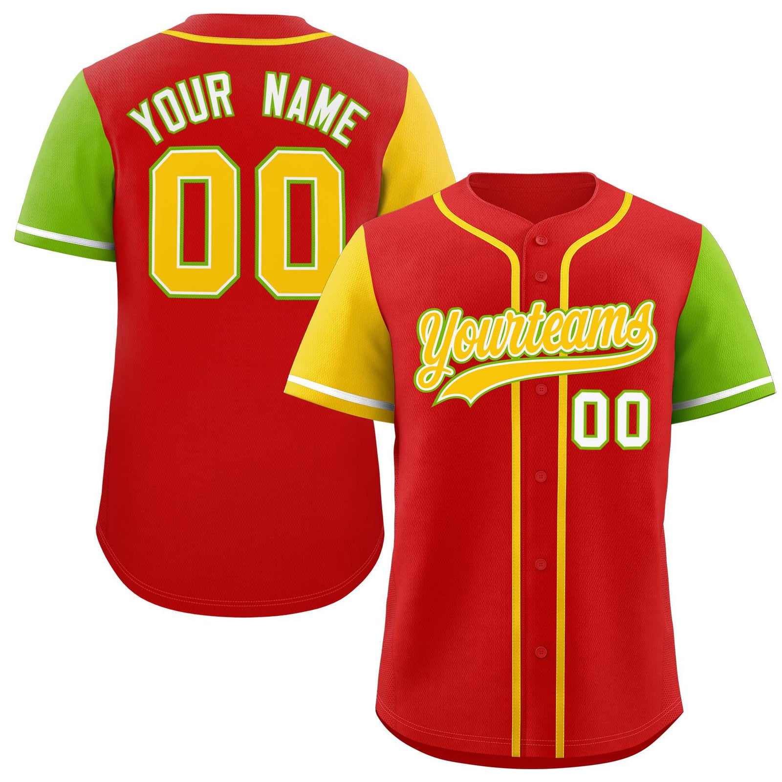 Custom Red Gold and Neon Green Raglan Sleeves Authentic Baseball Jersey