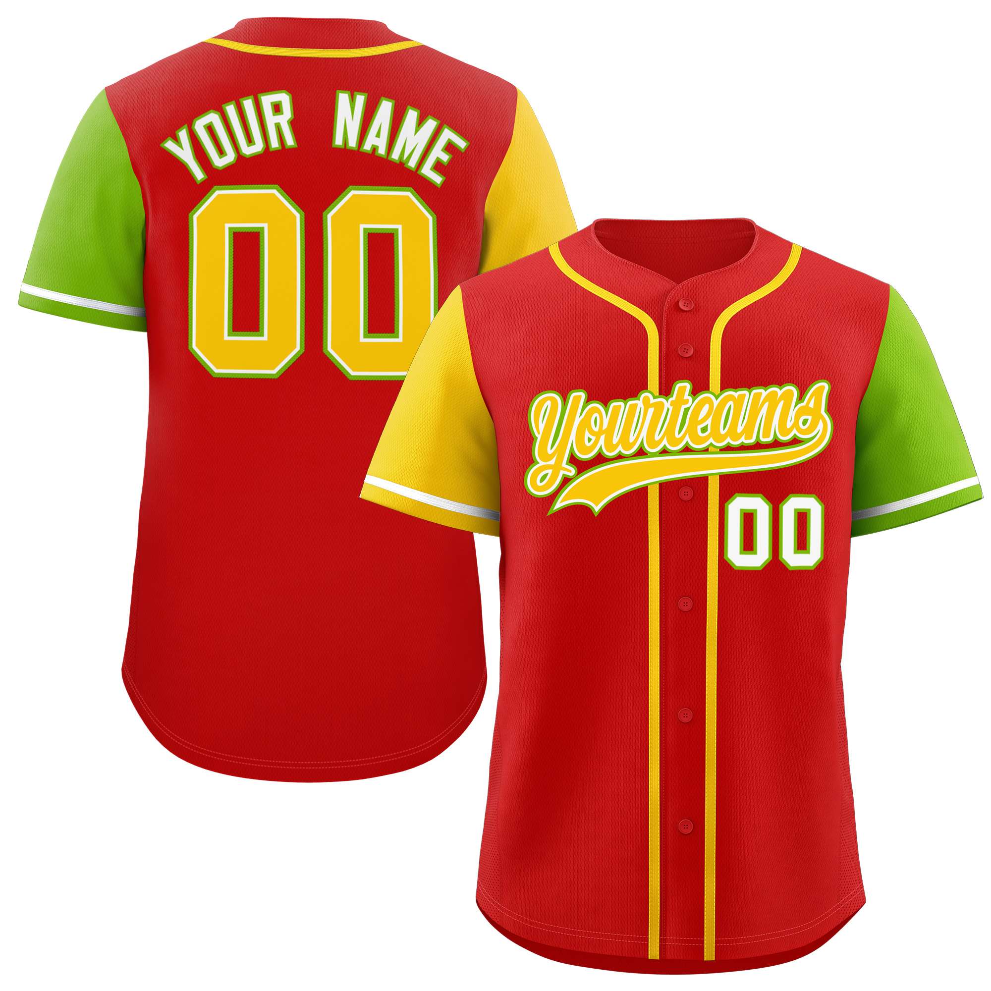 Custom Red Gold and Neon Green Raglan Sleeves Authentic Baseball Jersey