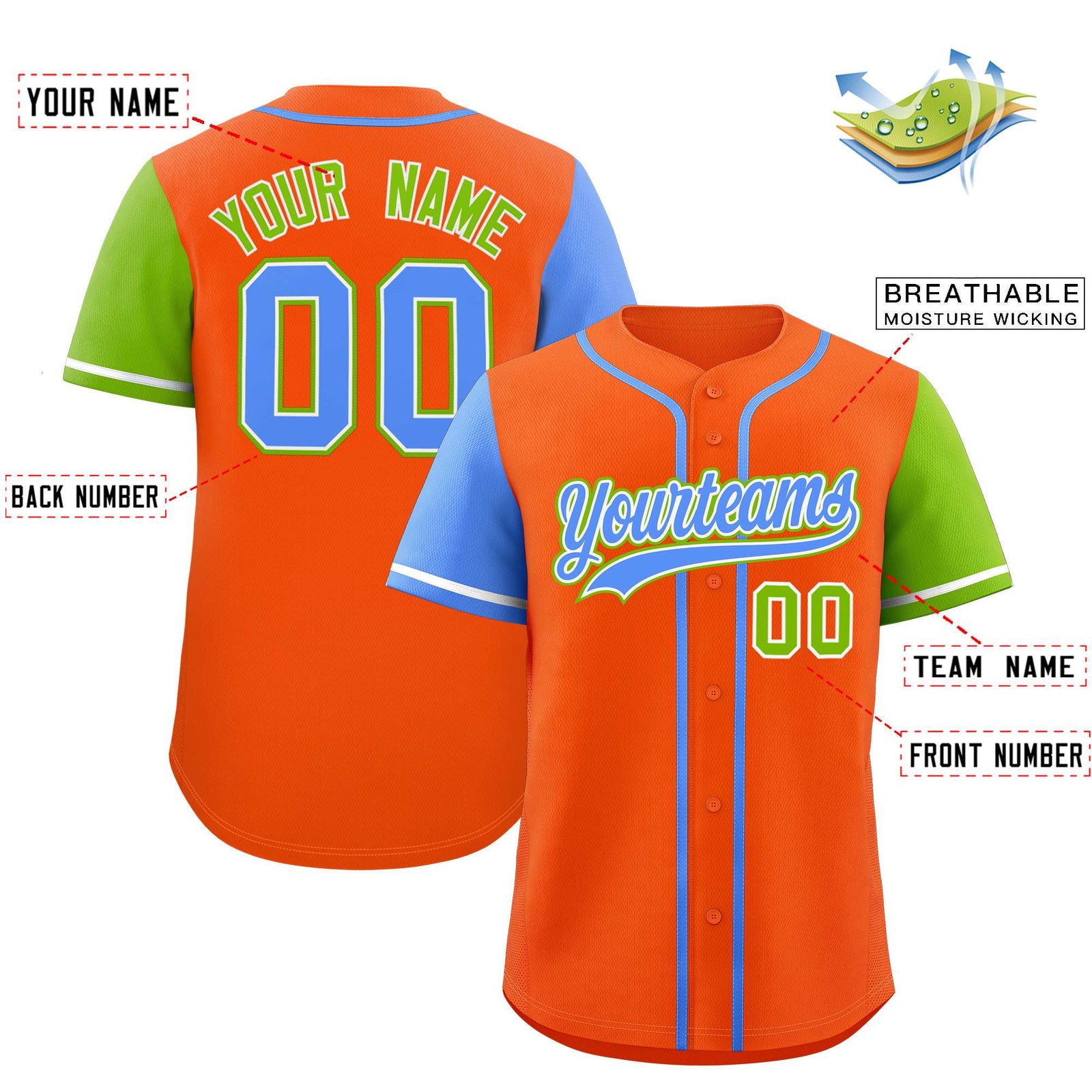 Custom Orange Powder Blue and Neon Green Raglan Sleeves Authentic Baseball Jersey