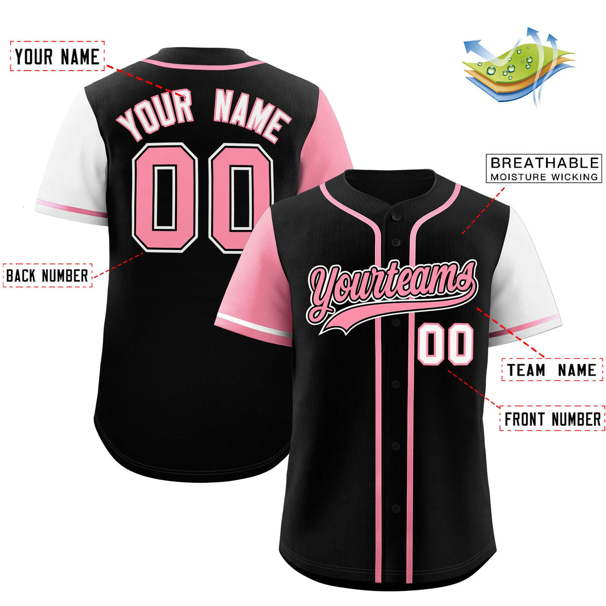 Custom Black Light Pink and White Raglan Sleeves Authentic Baseball Jersey