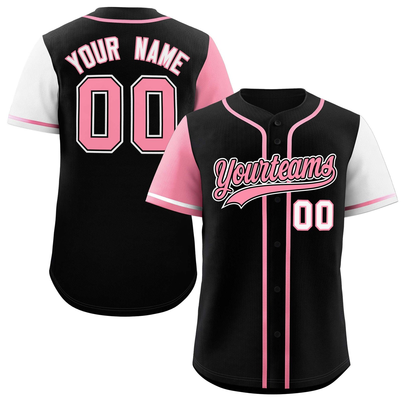 Custom Black Light Pink and White Raglan Sleeves Authentic Baseball Jersey