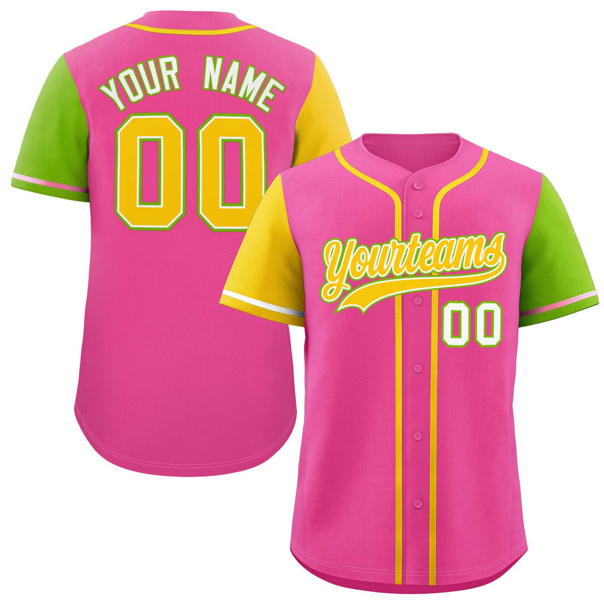 Custom Pink Gold and Neon Green Raglan Sleeves Authentic Baseball Jersey