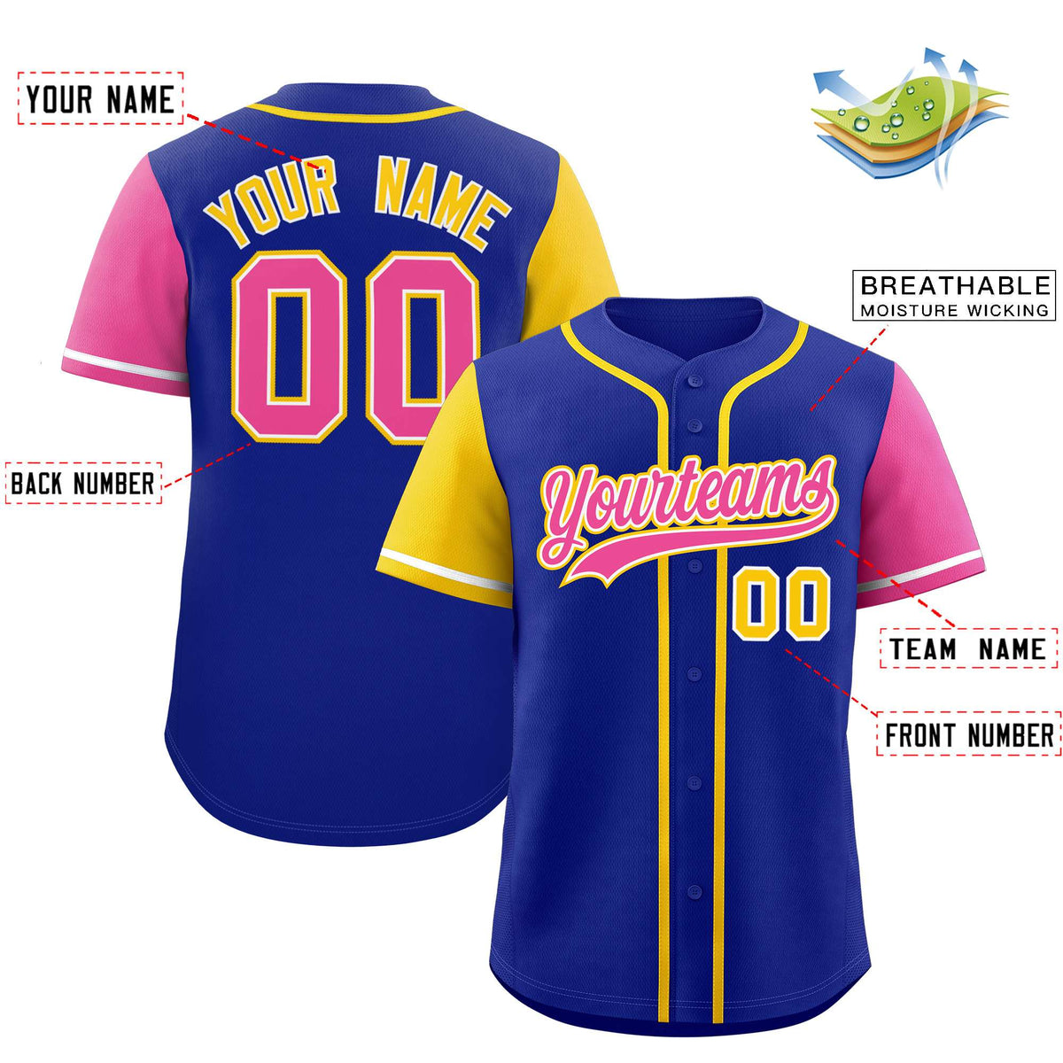 Custom Royal Gold and Pink Raglan Sleeves Authentic Baseball Jersey
