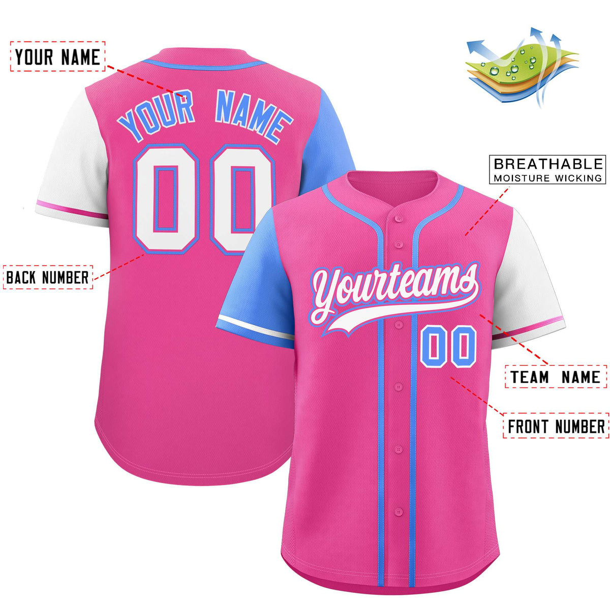Custom Pink Powder Blue and White Raglan Sleeves Authentic Baseball Jersey