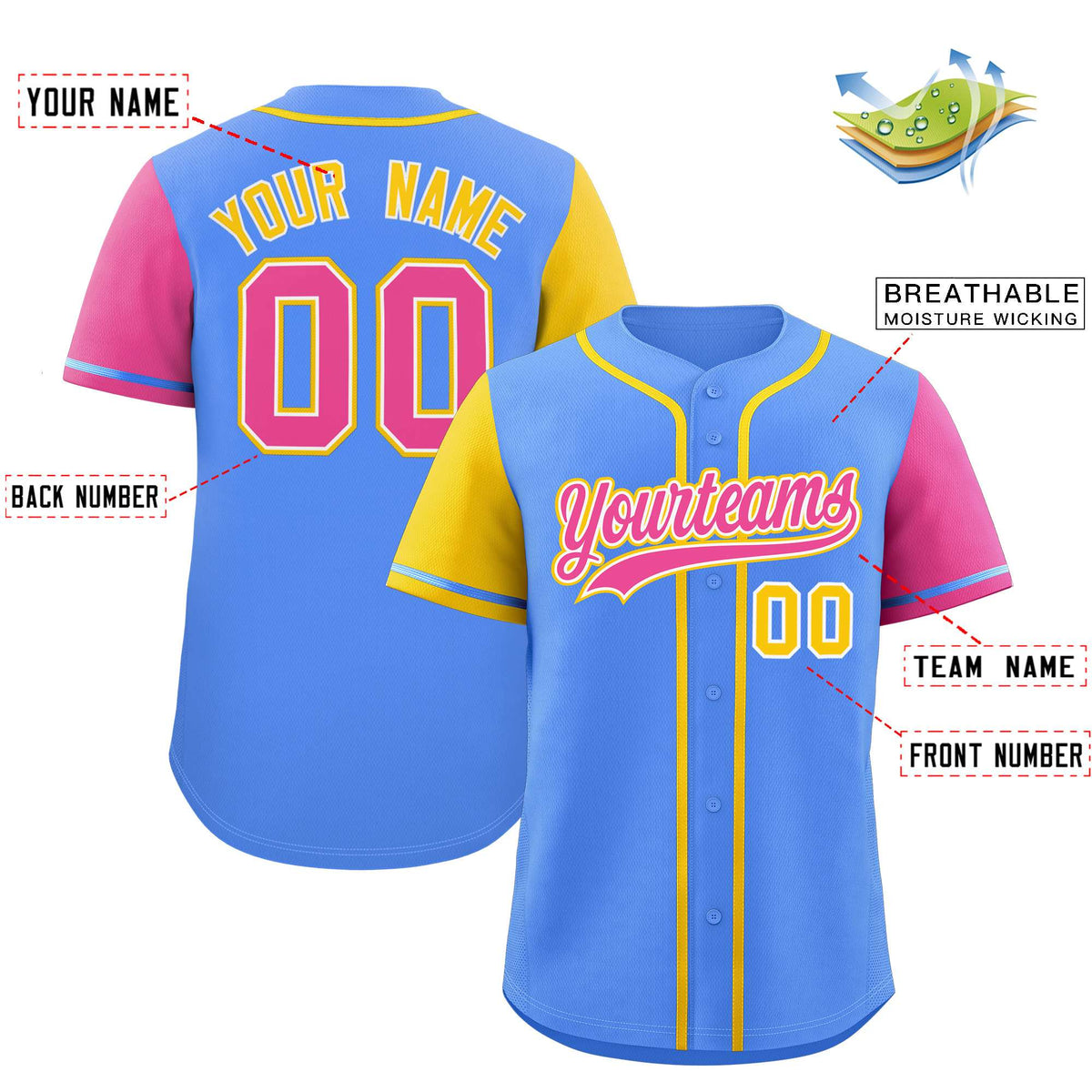 Custom Powder Blue Gold and Pink Raglan Sleeves Authentic Baseball Jersey